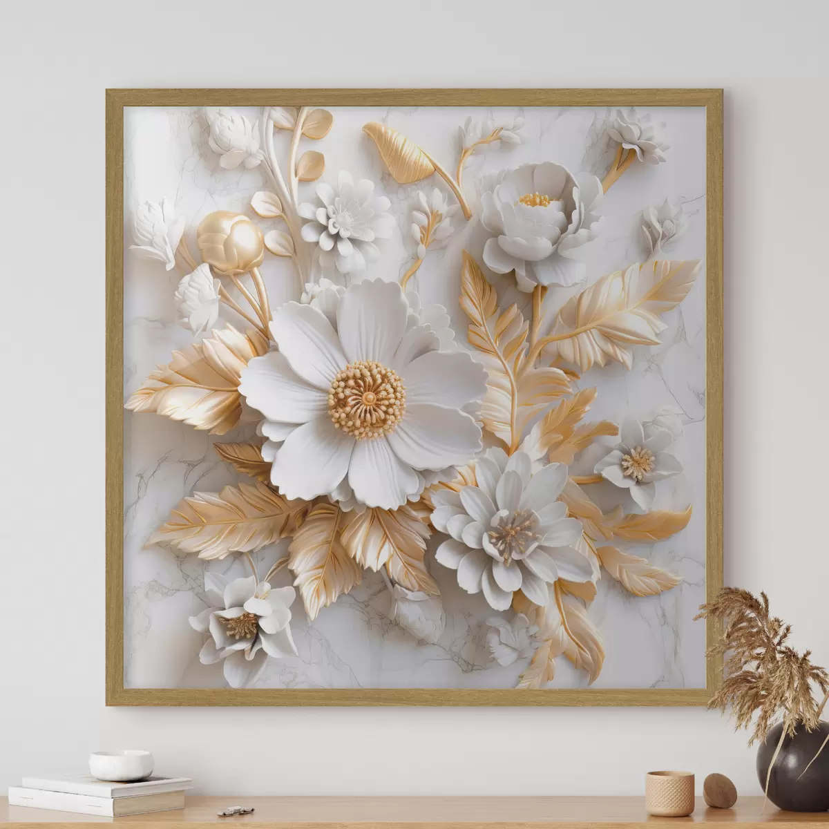 Poster Fleurs 3D sur marbre blanc f32778