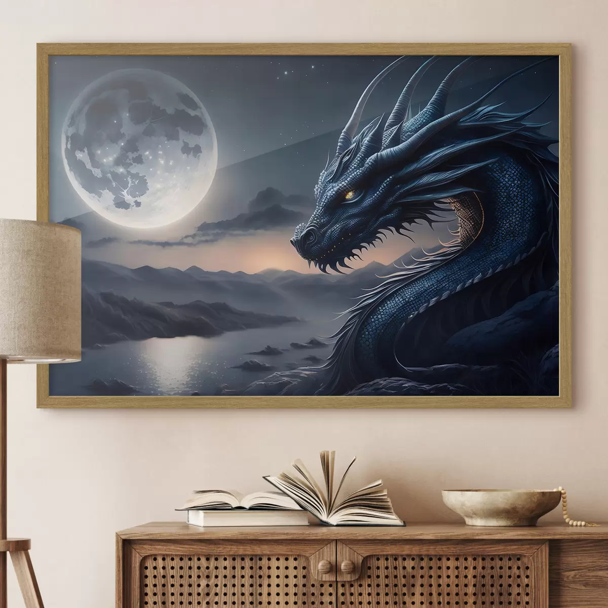 Poster Dragon regardant la pleine lune f32612