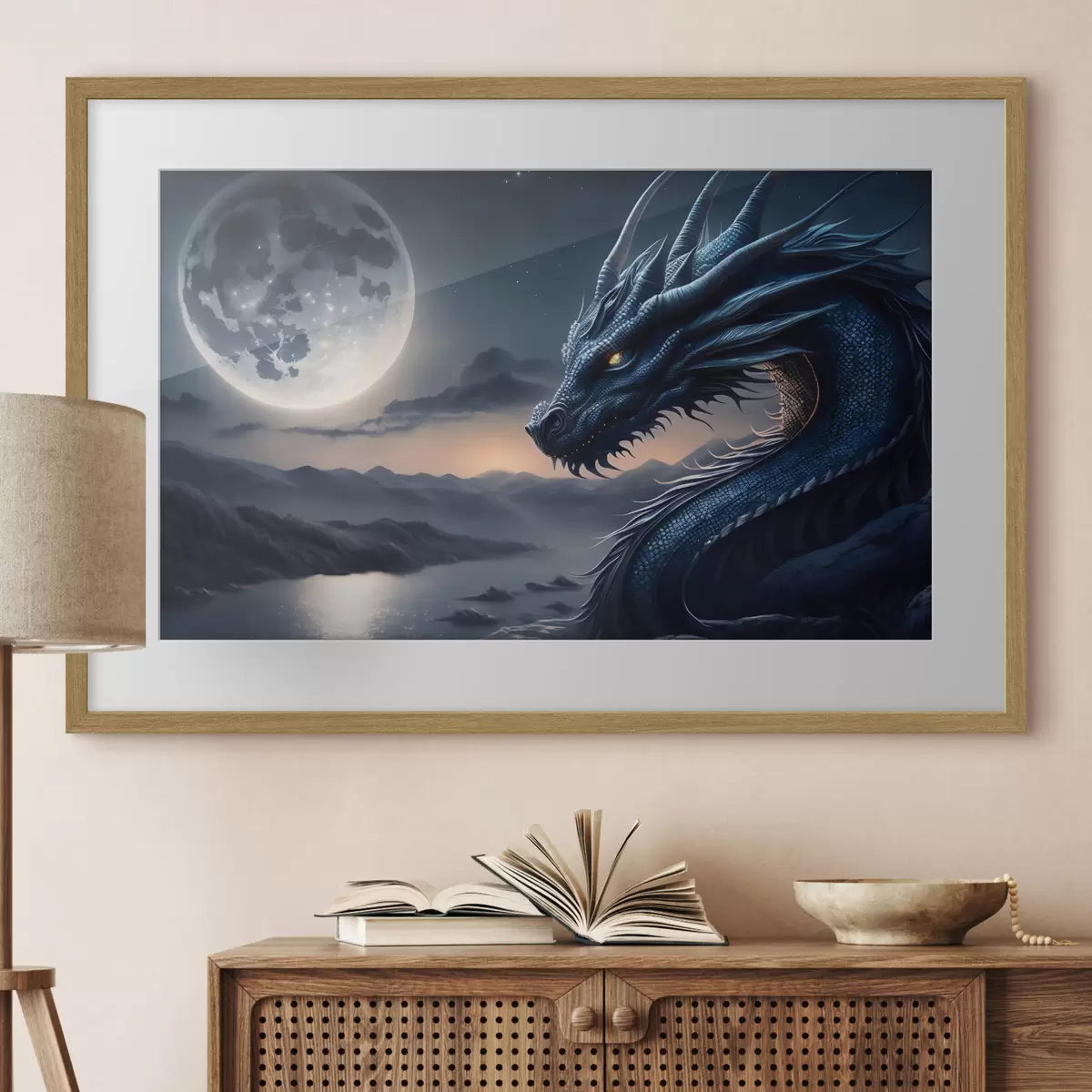 Poster Dragon regardant la pleine lune f32612