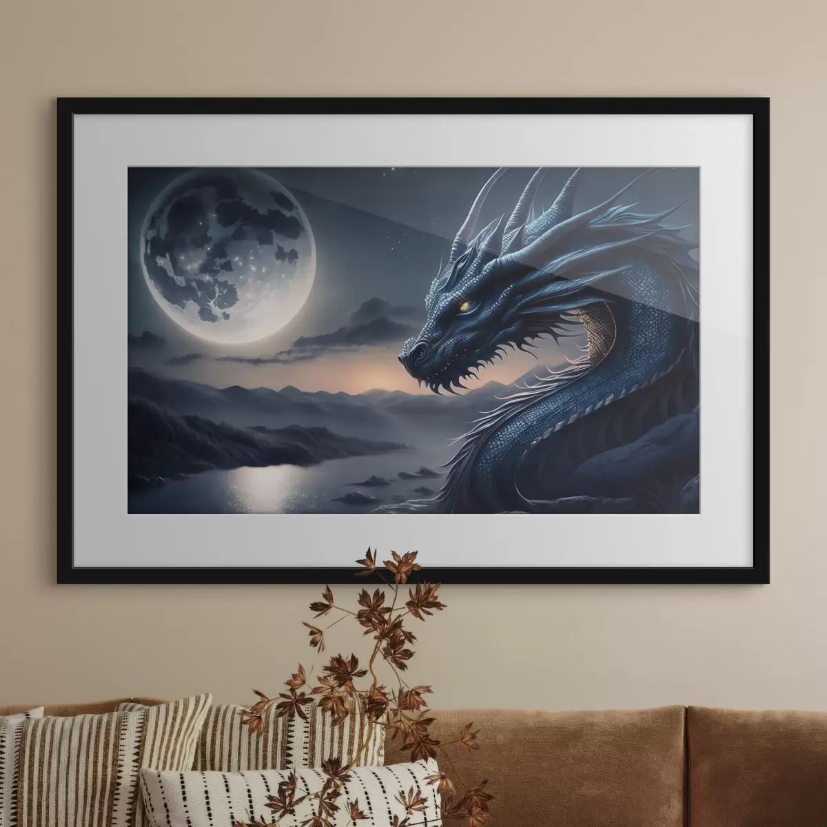 Poster Dragon regardant la pleine lune f32612
