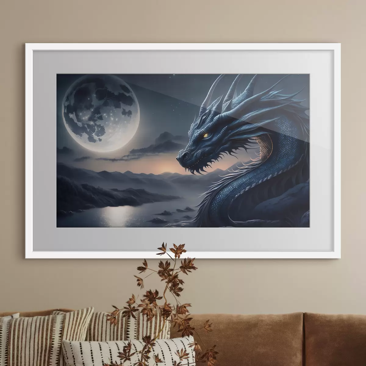 Poster Dragon regardant la pleine lune f32612