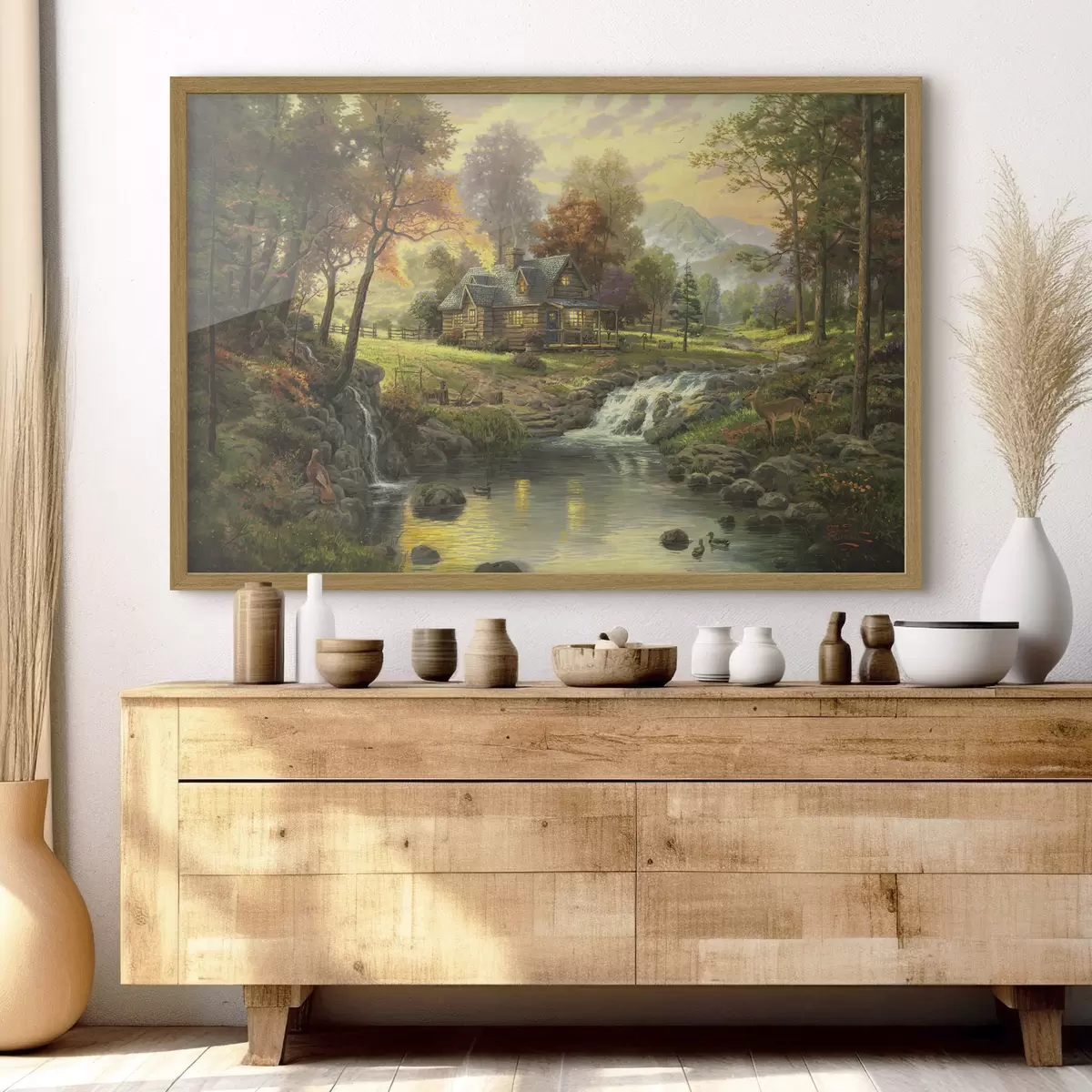 Poster Une maison au bord d'un lac forestier f15161
