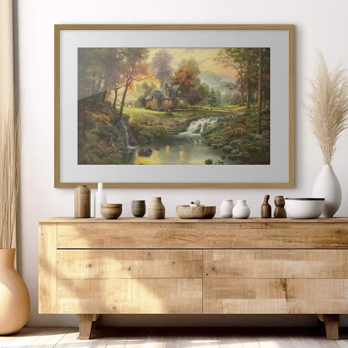 Poster Une maison au bord d'un lac forestier f15161