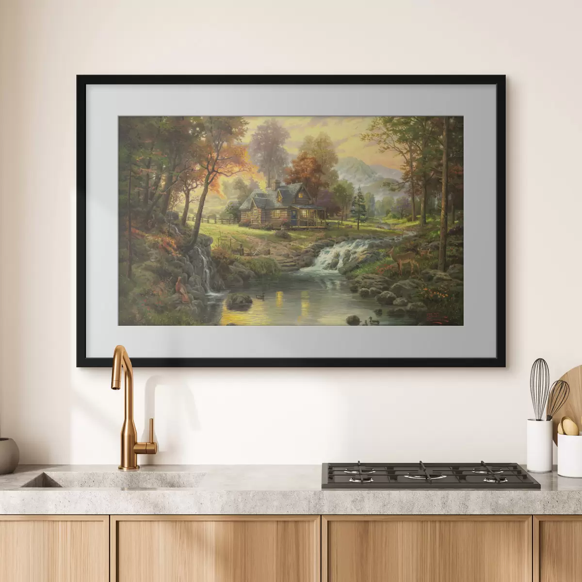 Poster Une maison au bord d'un lac forestier f15161