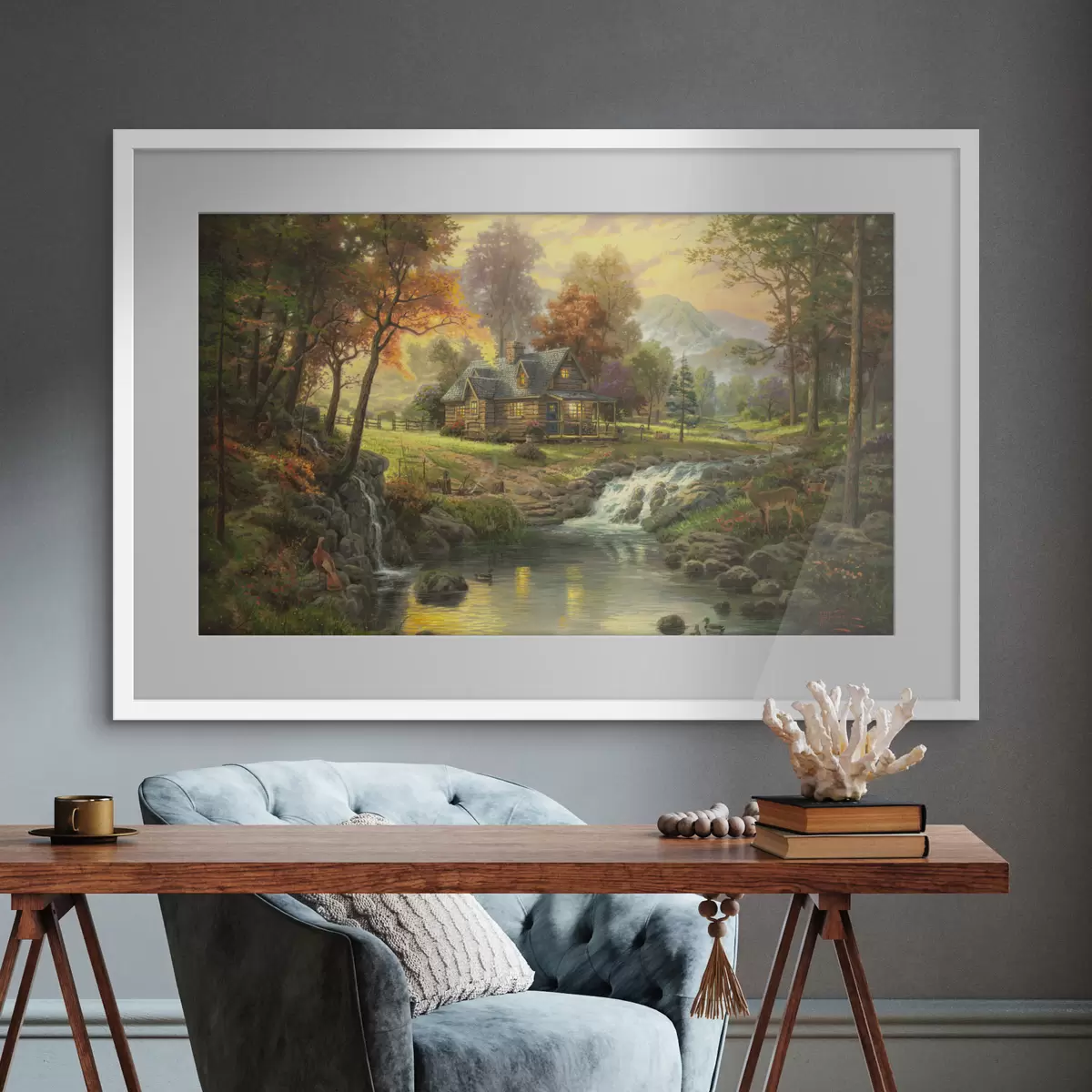 Poster Une maison au bord d'un lac forestier f15161