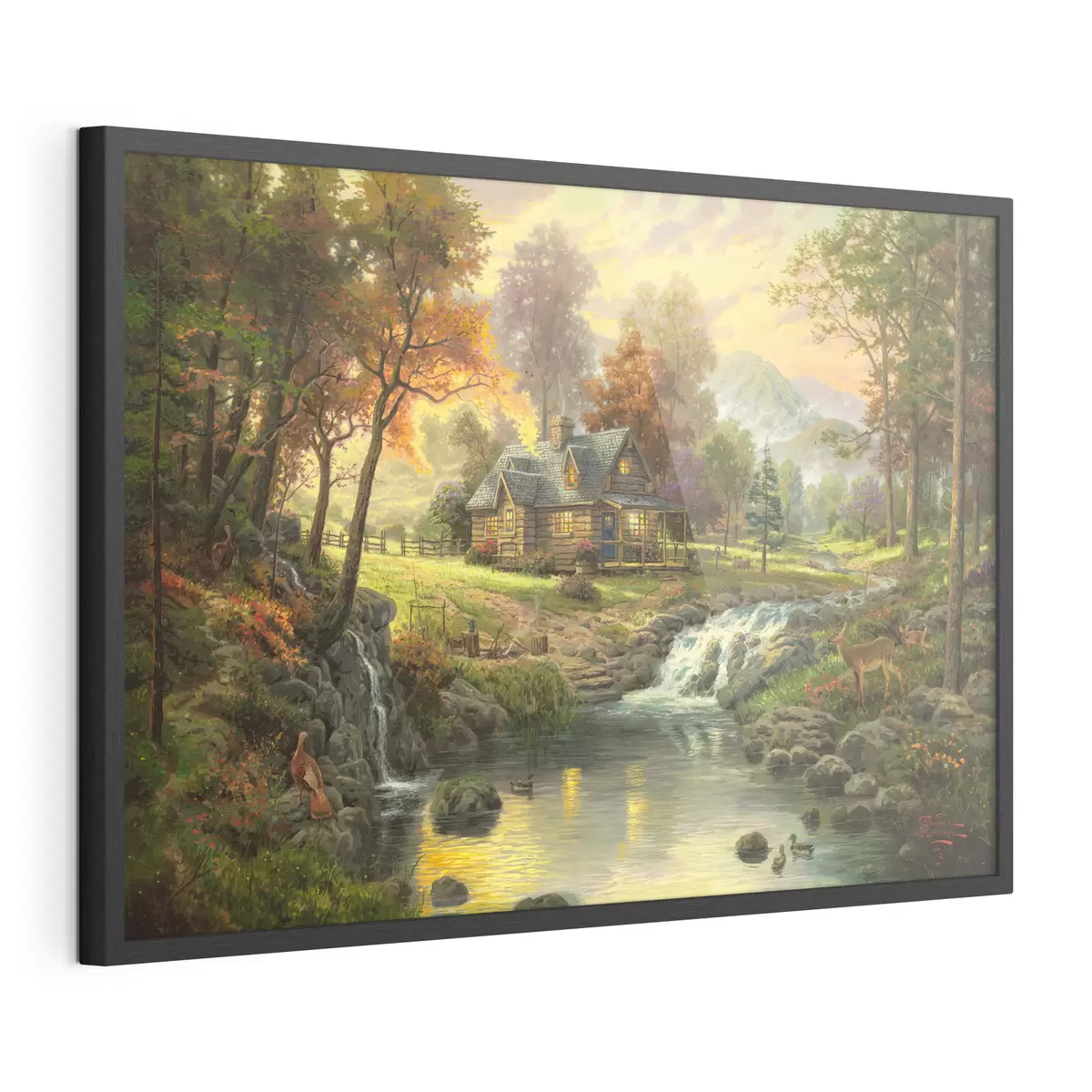Poster Une maison au bord d'un lac forestier f15161
