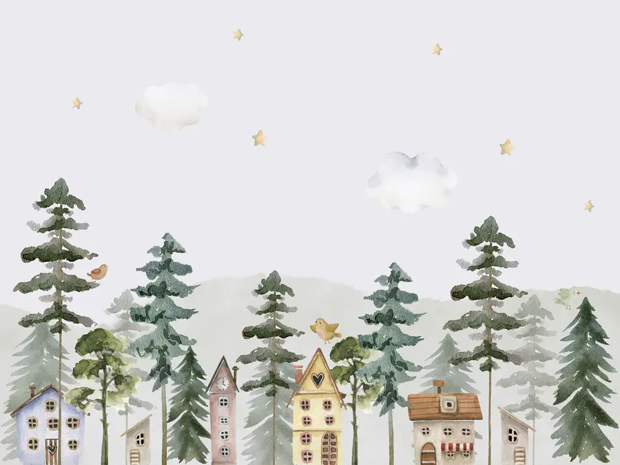 Papier peint Forêt de pins avec des oiseaux et de jolies maisons, couleurs vertes et beiges u98989
