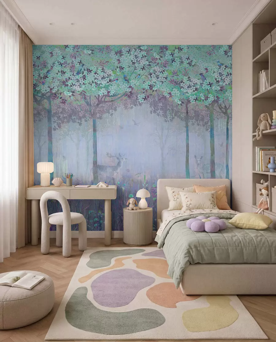 Papier peint Cerf au bois fleuri bleu u62100v1