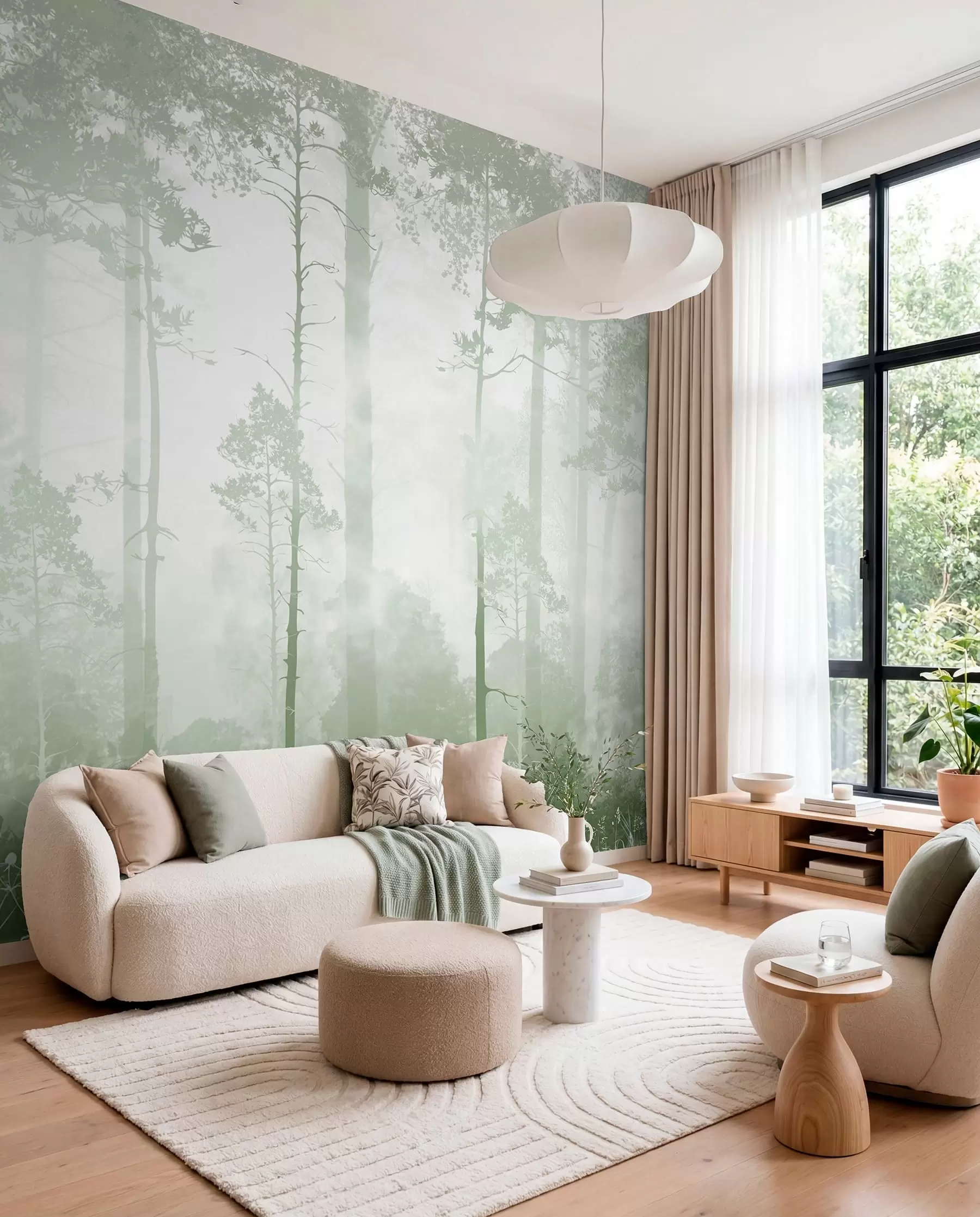 Papier peint Forêt sous un voile sauge u94439v2