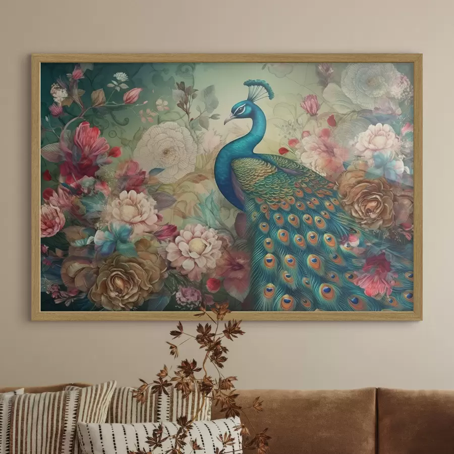 Papier peint Paon dans les fleurs en style vintage f34869