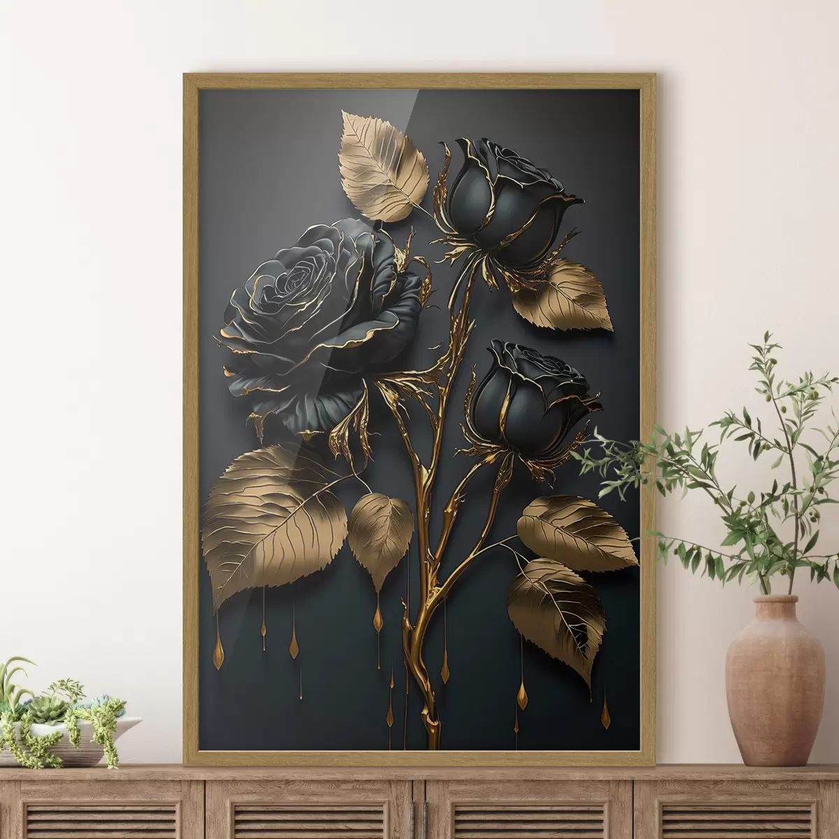 Poster Roses noires au feuillage doré f33700
