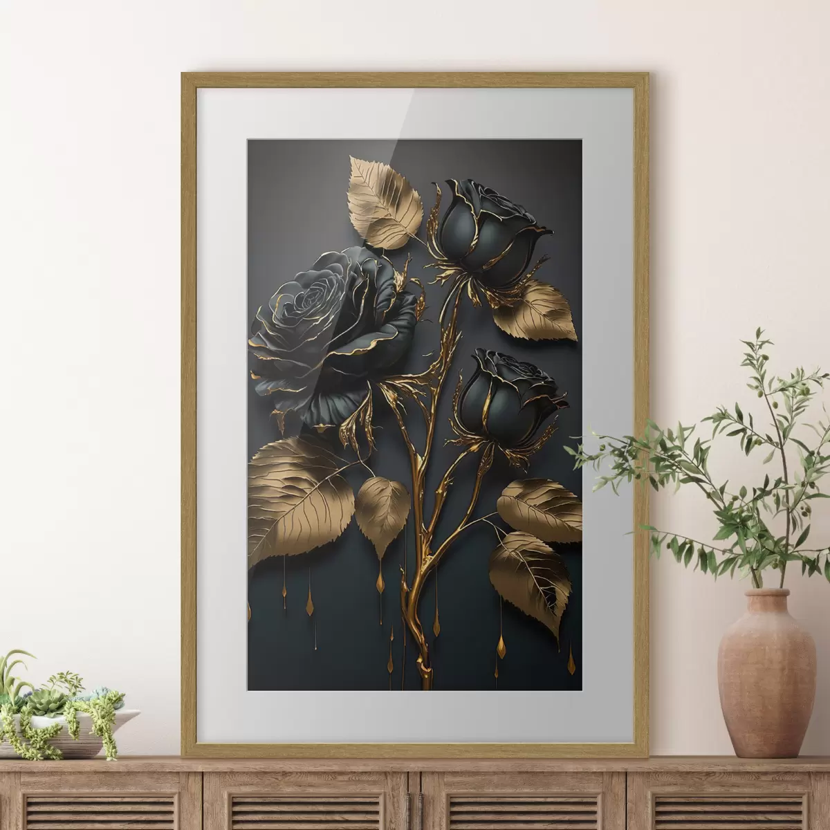 Poster Roses noires au feuillage doré f33700
