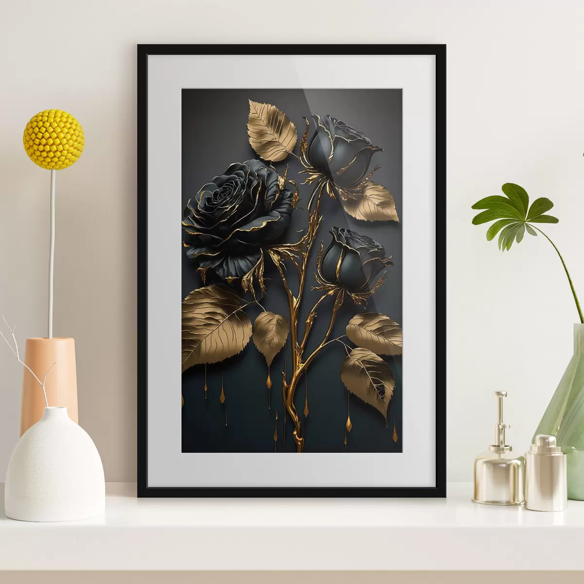 Poster Roses noires au feuillage doré f33700
