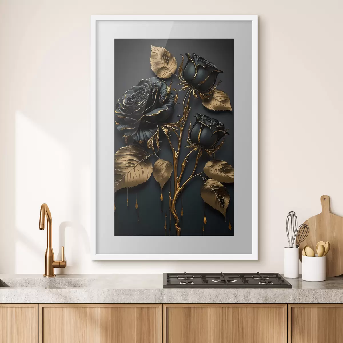 Poster Roses noires au feuillage doré f33700