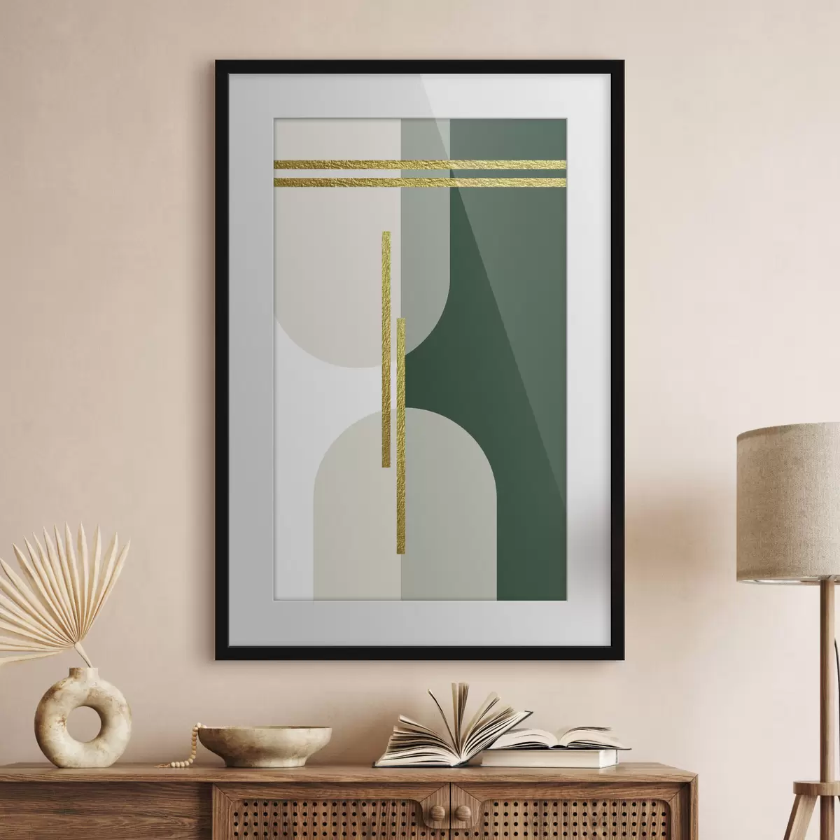 Poster Graphisme mural abstrait dans les tons beiges et verts f35943