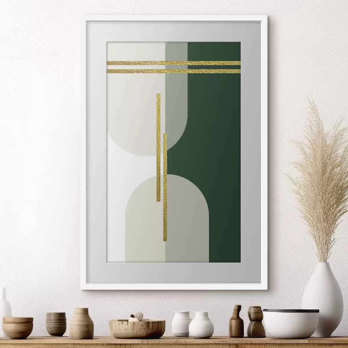 Poster Graphisme mural abstrait dans les tons beiges et verts f35943