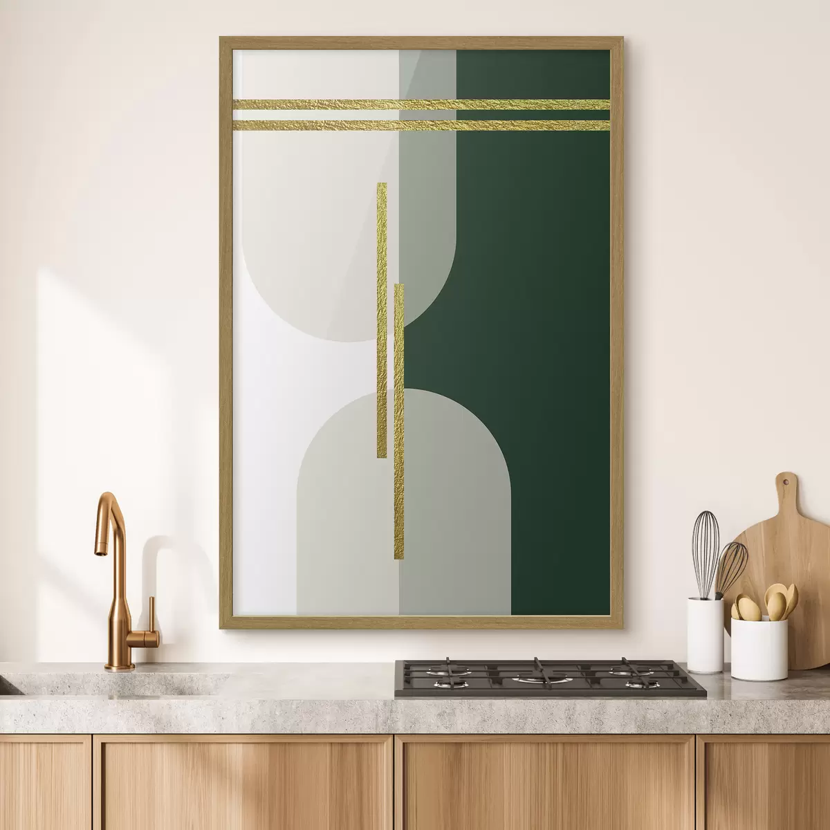 Poster Graphisme mural abstrait dans les tons beiges et verts f35943