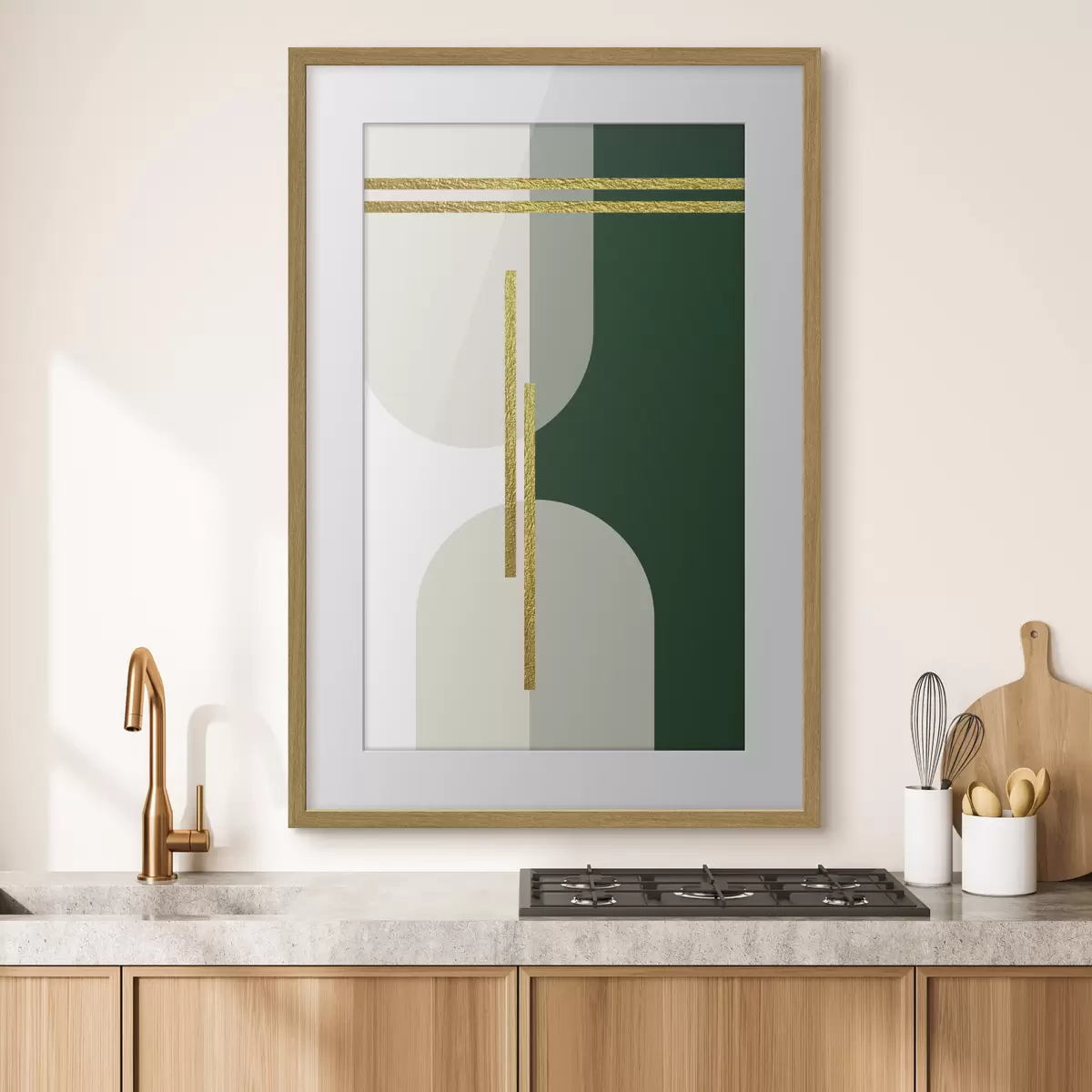 Poster Graphisme mural abstrait dans les tons beiges et verts f35943