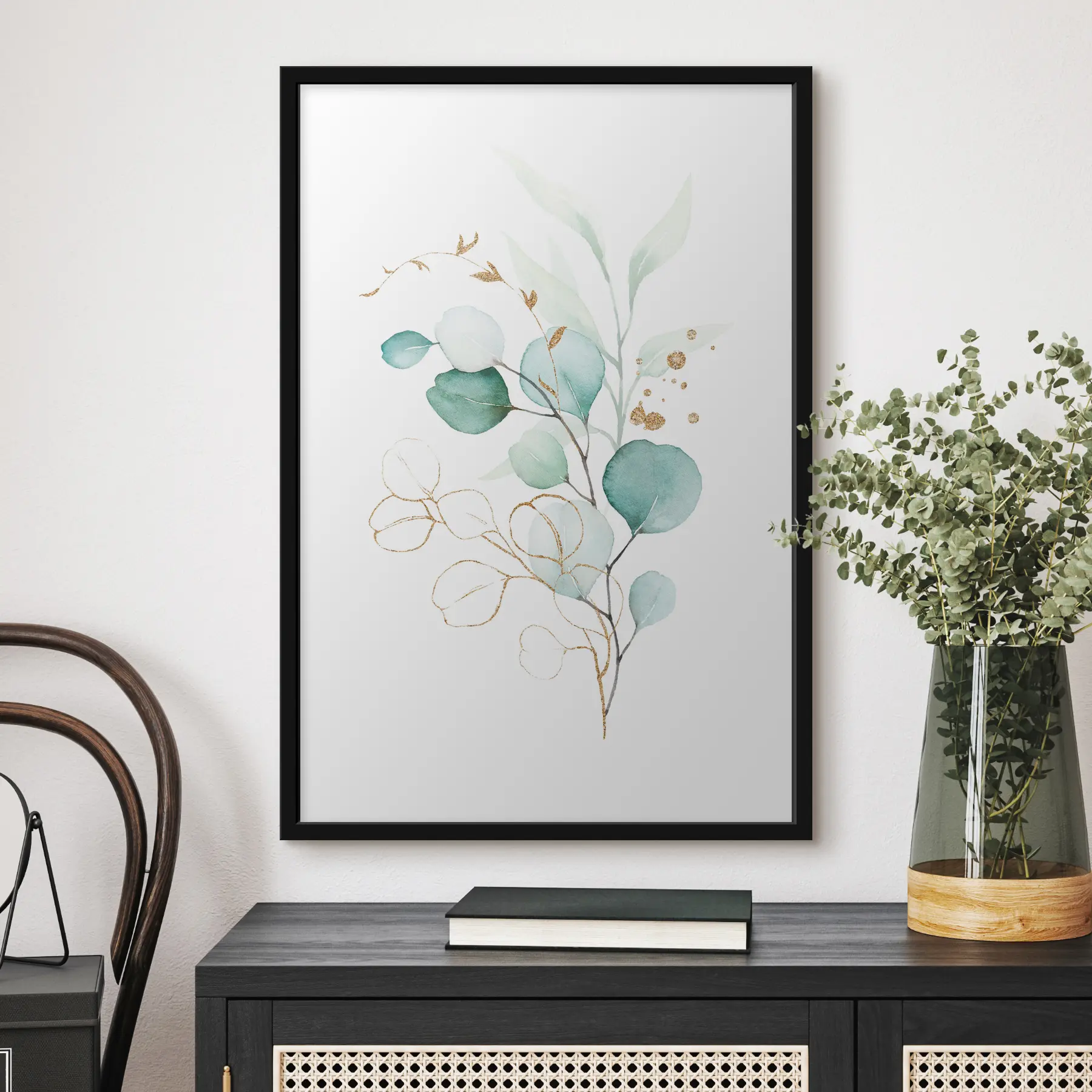 Tableau Peinture à l'aquarelle d'une branche avec des feuilles dorées et bleues f36138