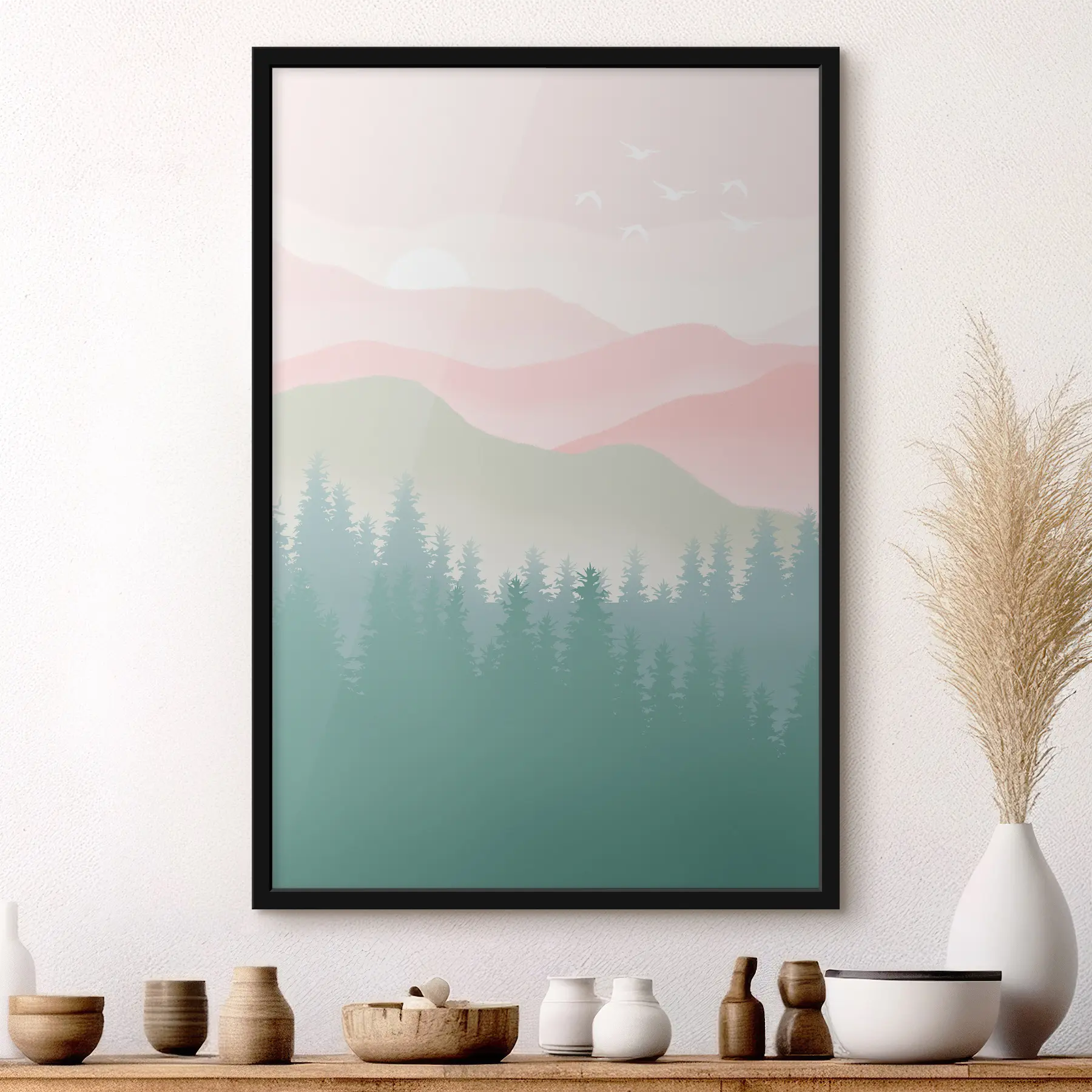 Tableau Montagnes brumeuses avec forêt de pins, couleurs douces et naturelles, rose et vert. f36394