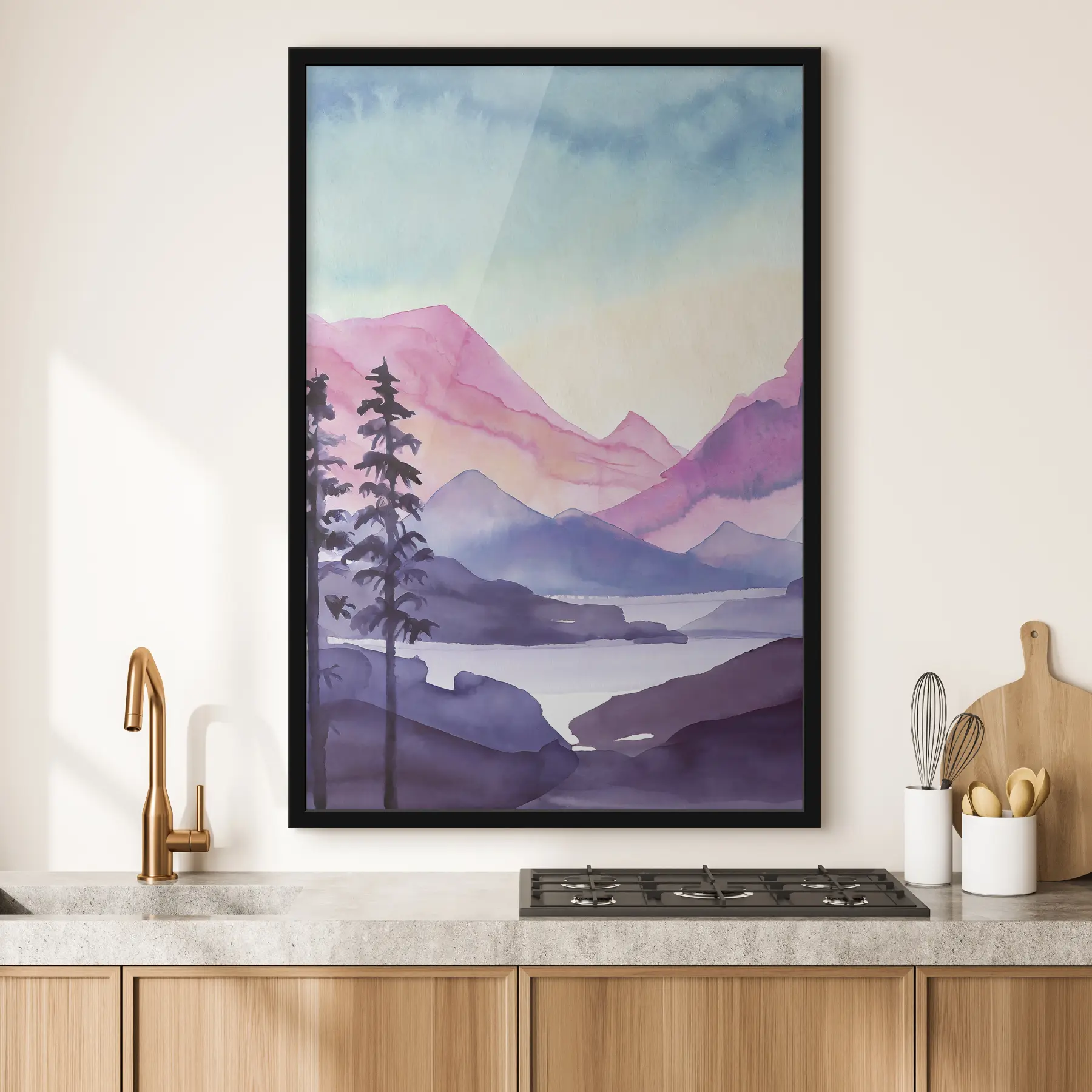Tableau Aquarelle Paysage de montagne, lever de soleil, roses violets et bleus doux f36496
