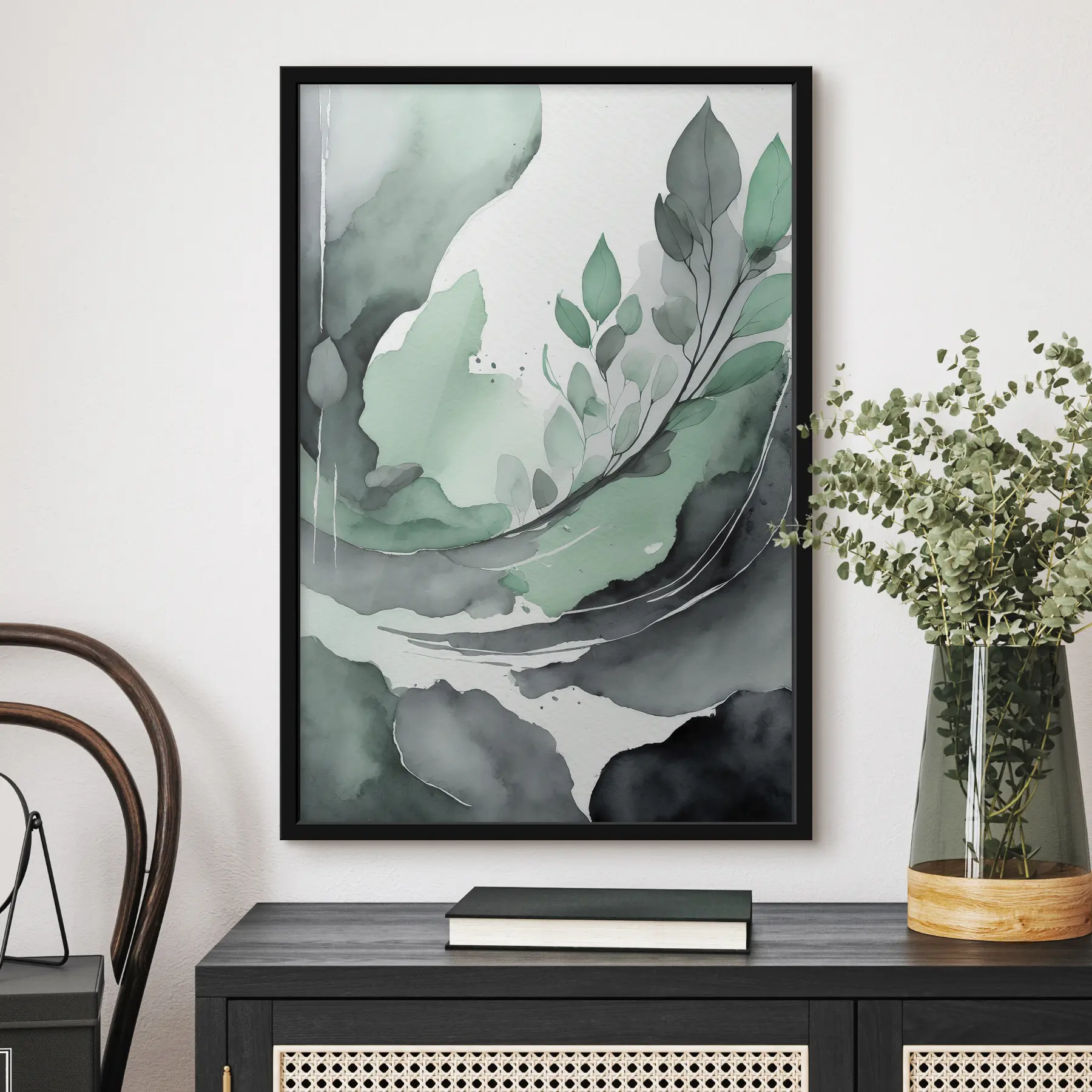 Tableau Dessin abstrait à l'aquarelle avec une plante, couleurs naturelles vertes et grises f36502