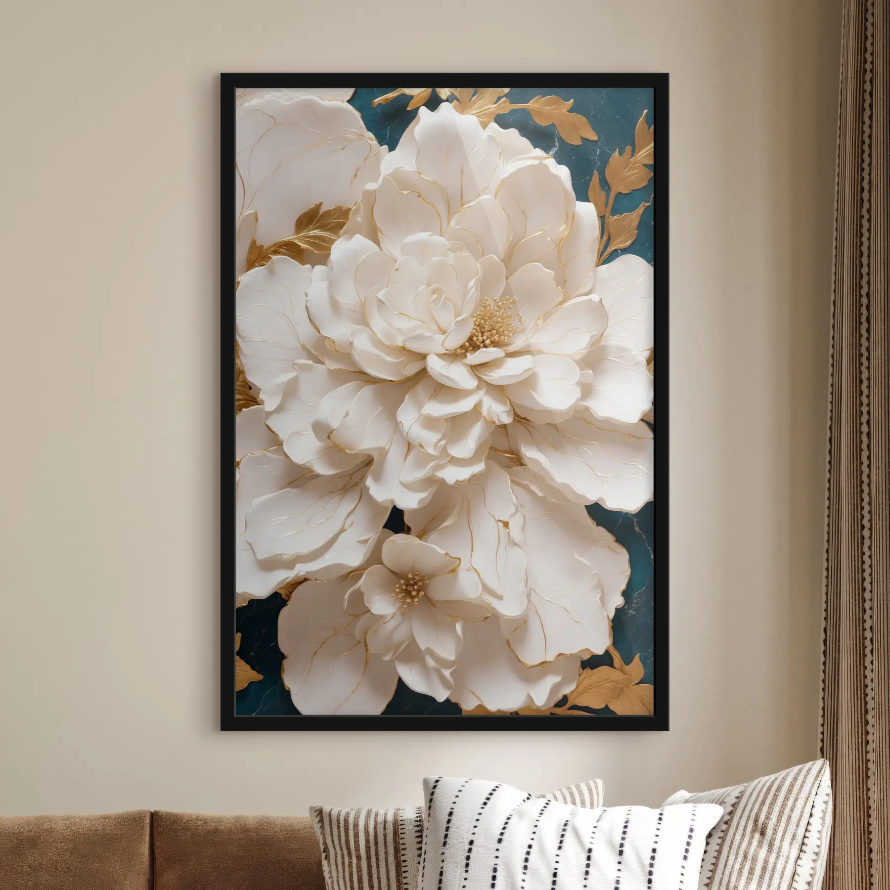 Papier peint Fleur blanche sur fond bleu avec or f36644