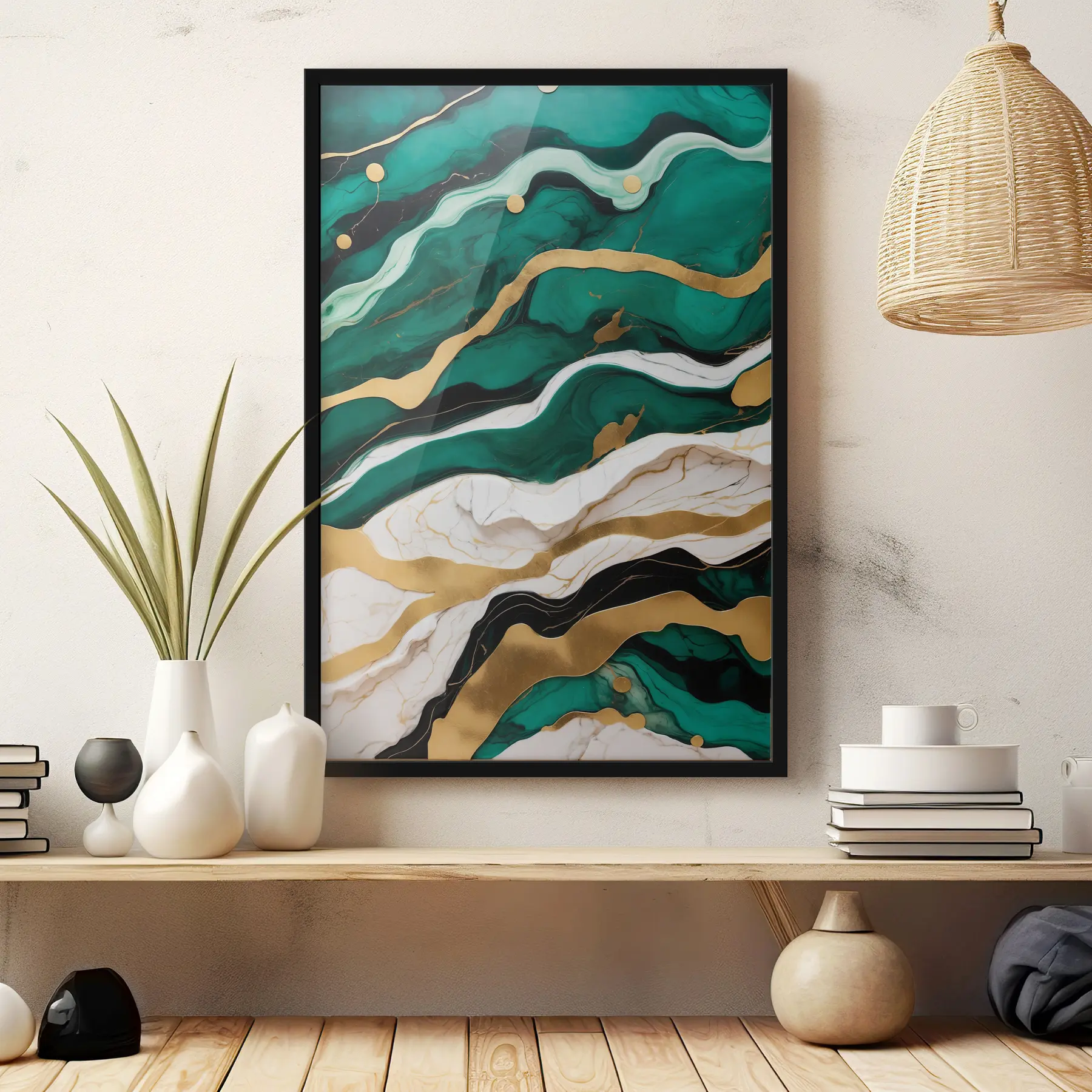 Papier peint Abstraction à l'aquarelle sur marbre avec des peintures vertes, blanches et dorées f36645
