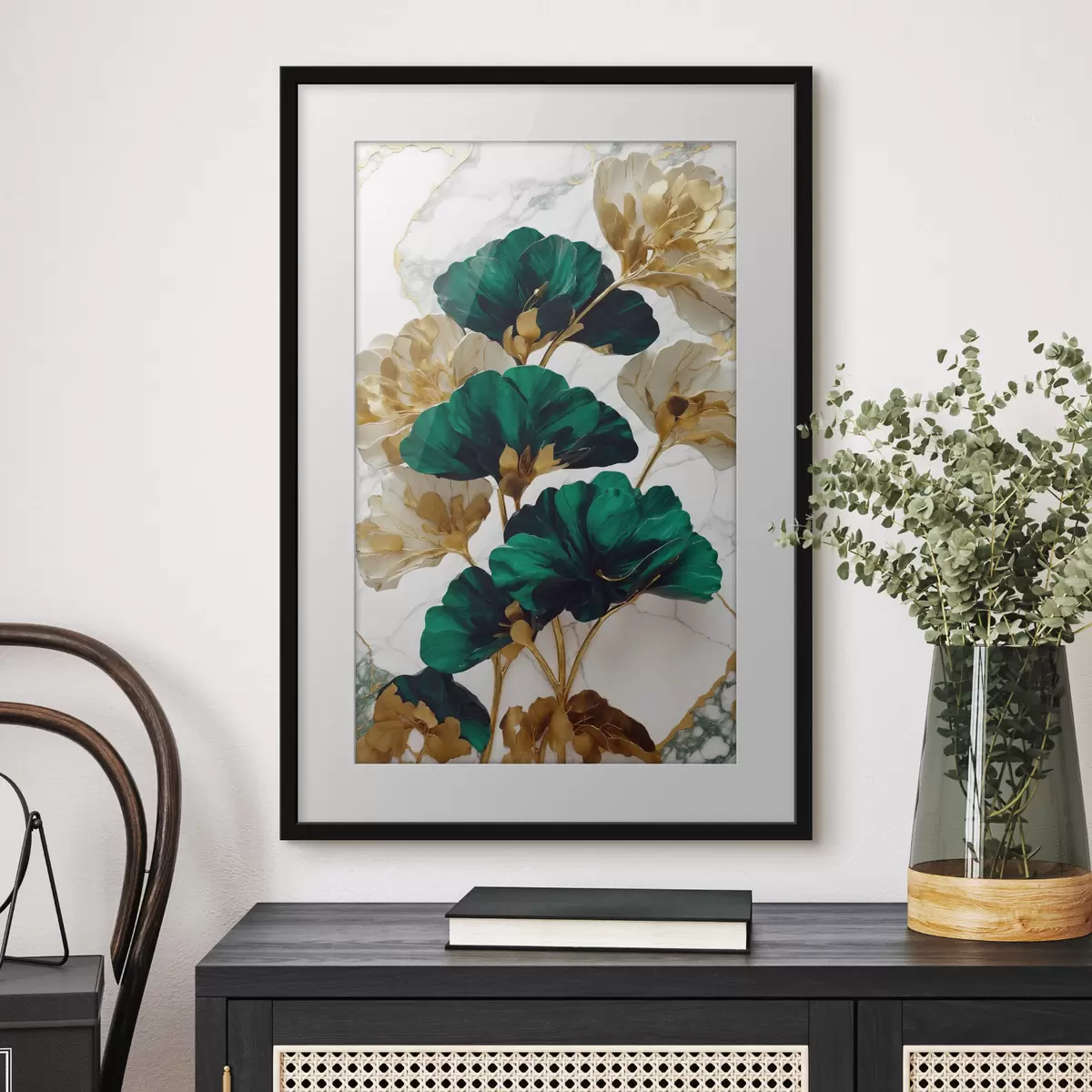 Poster Fleurs vertes et blanches sur fond de marbre blanc f36646