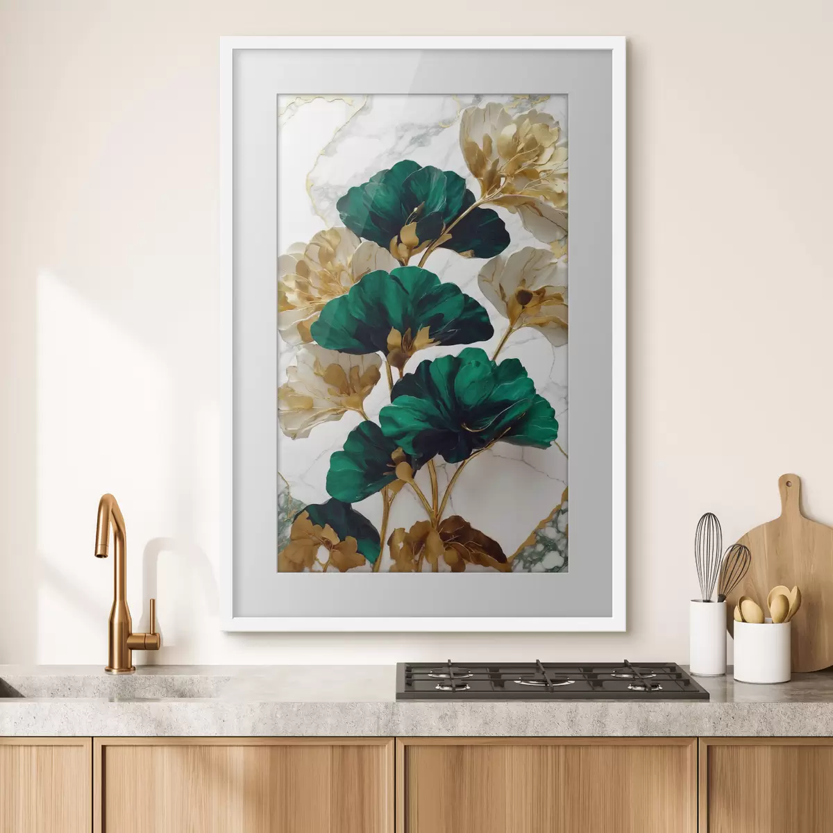 Poster Fleurs vertes et blanches sur fond de marbre blanc f36646