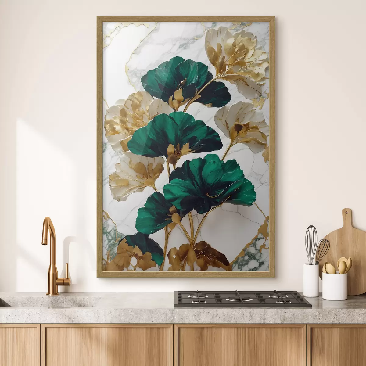 Poster Fleurs vertes et blanches sur fond de marbre blanc f36646