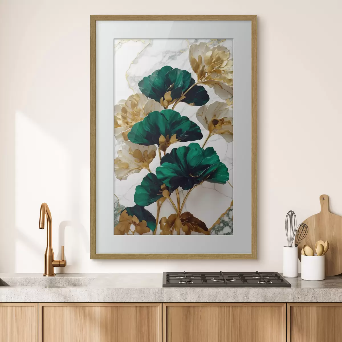 Poster Fleurs vertes et blanches sur fond de marbre blanc f36646