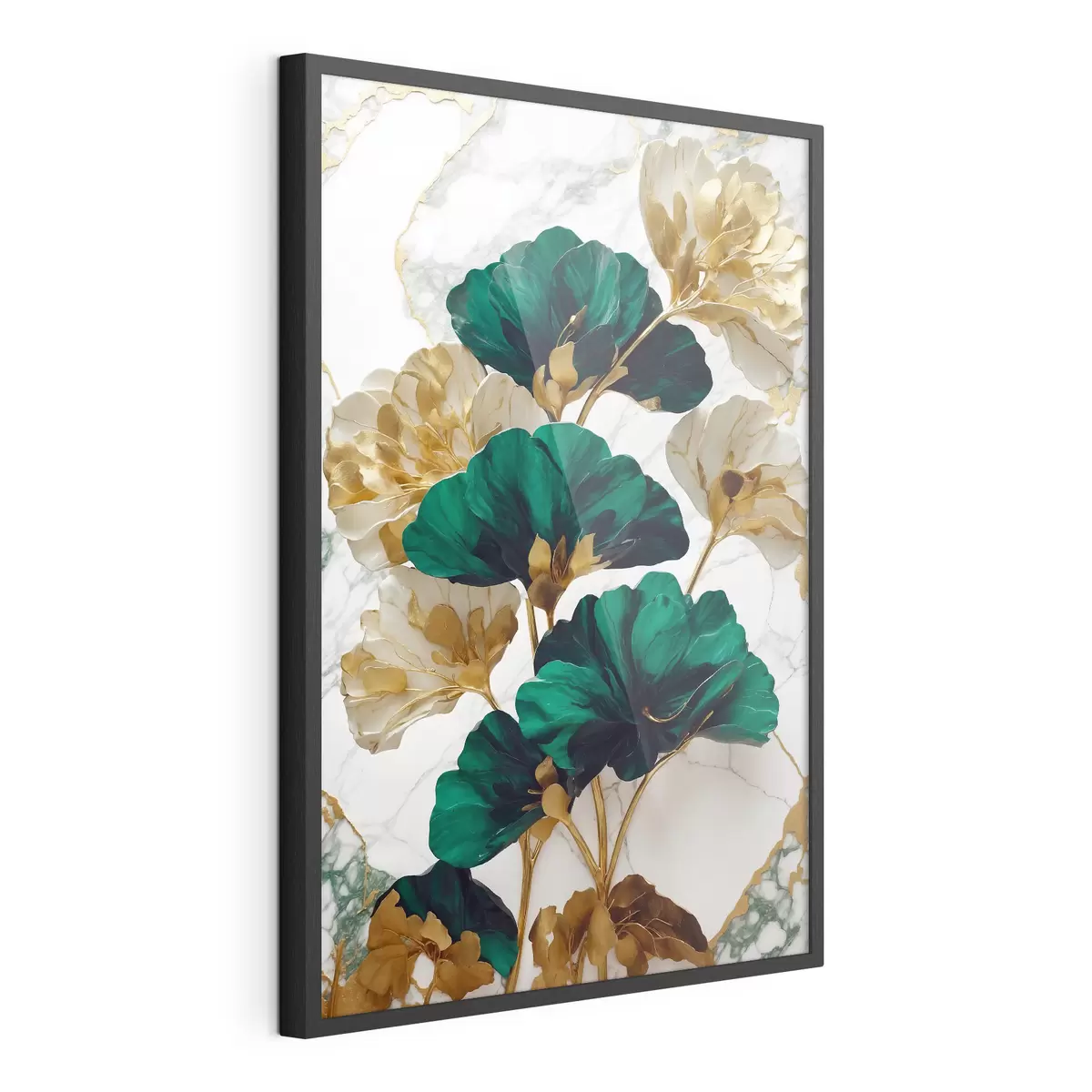 Poster Fleurs vertes et blanches sur fond de marbre blanc f36646