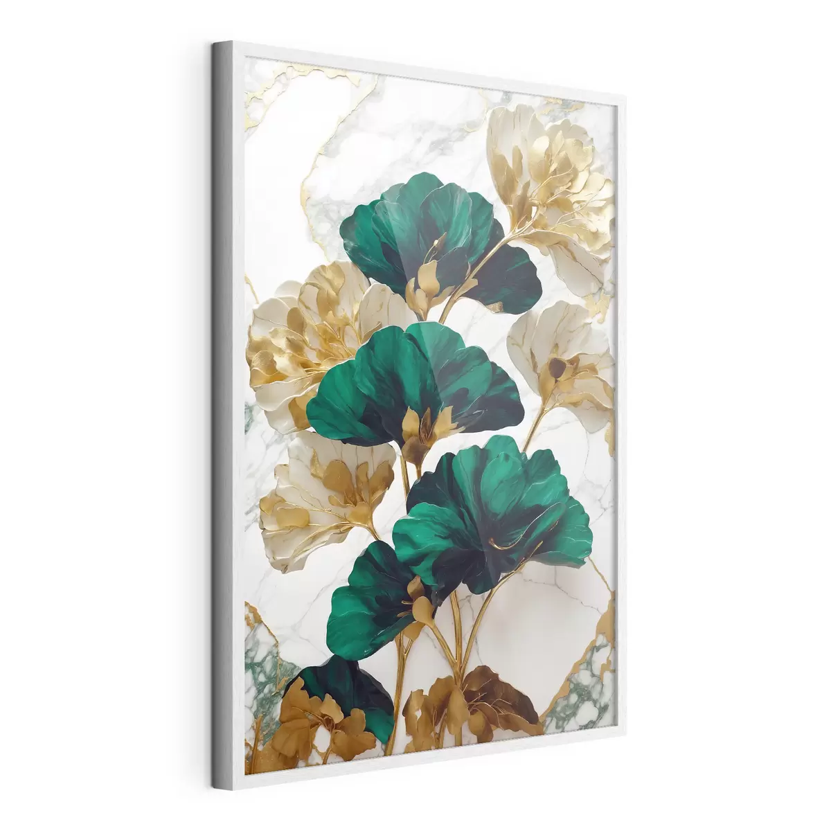 Poster Fleurs vertes et blanches sur fond de marbre blanc f36646