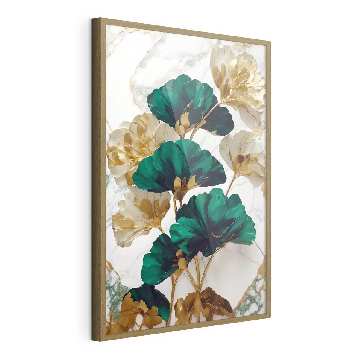 Poster Fleurs vertes et blanches sur fond de marbre blanc f36646