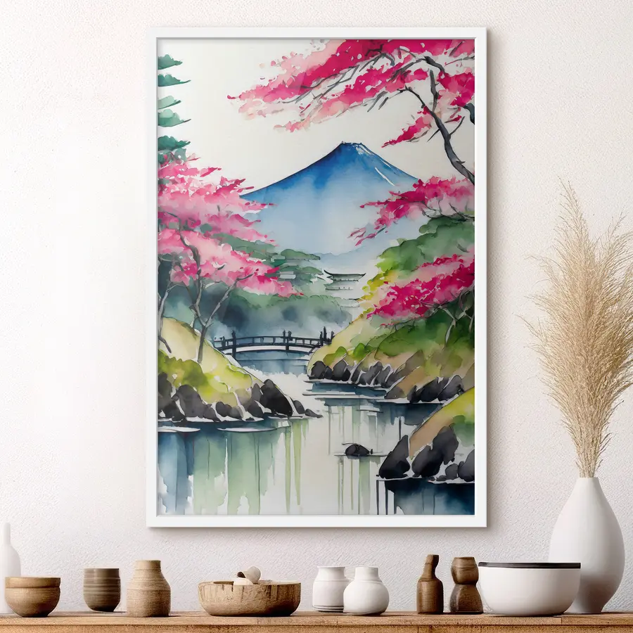 Papier peint Aquarelle Japon, sakura, montagnes f36691