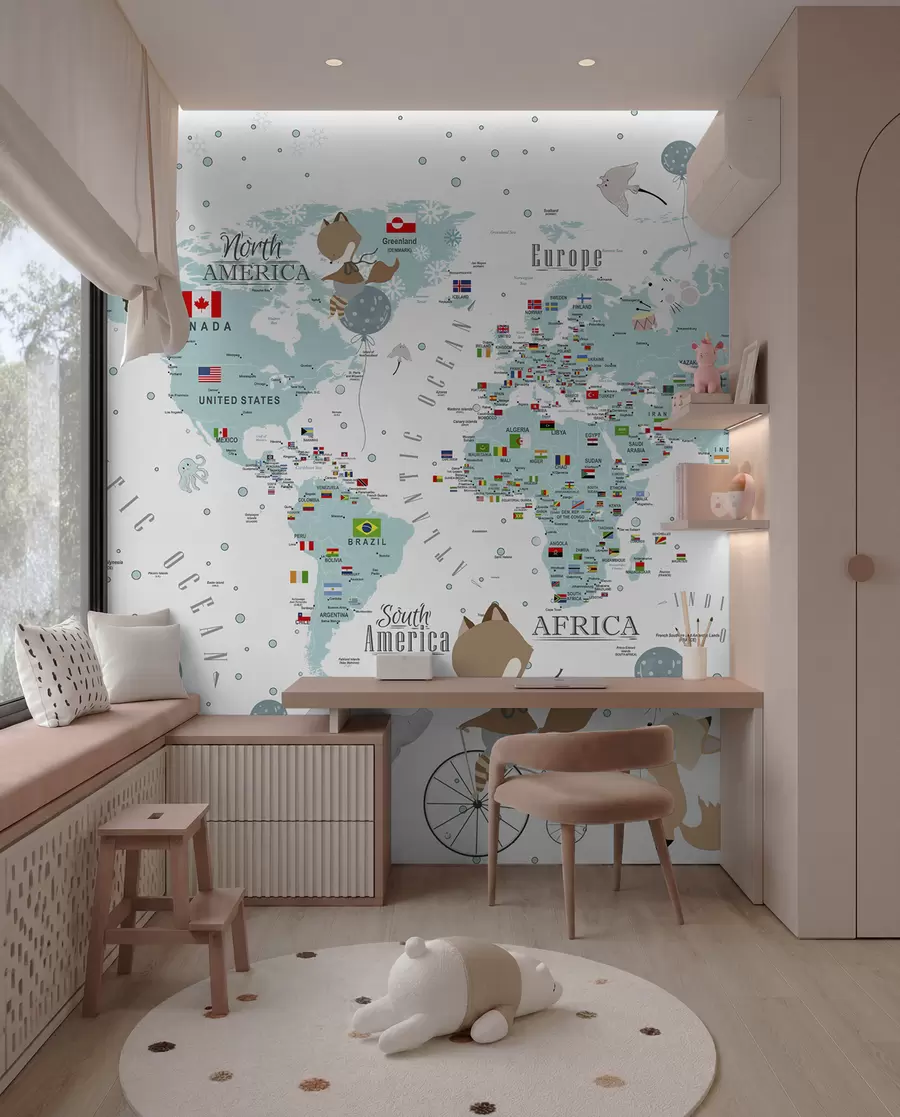 Papier peint Carte du monde pour enfants avec animaux u99228