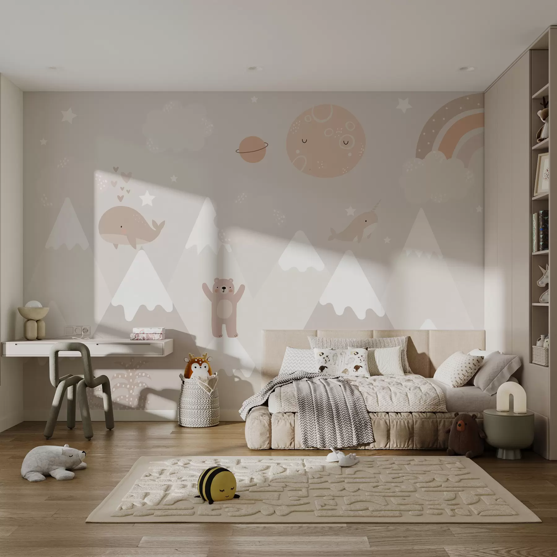 Papier peint Montagnes avec animaux mignons, nuages et planètes, couleurs beiges u99206