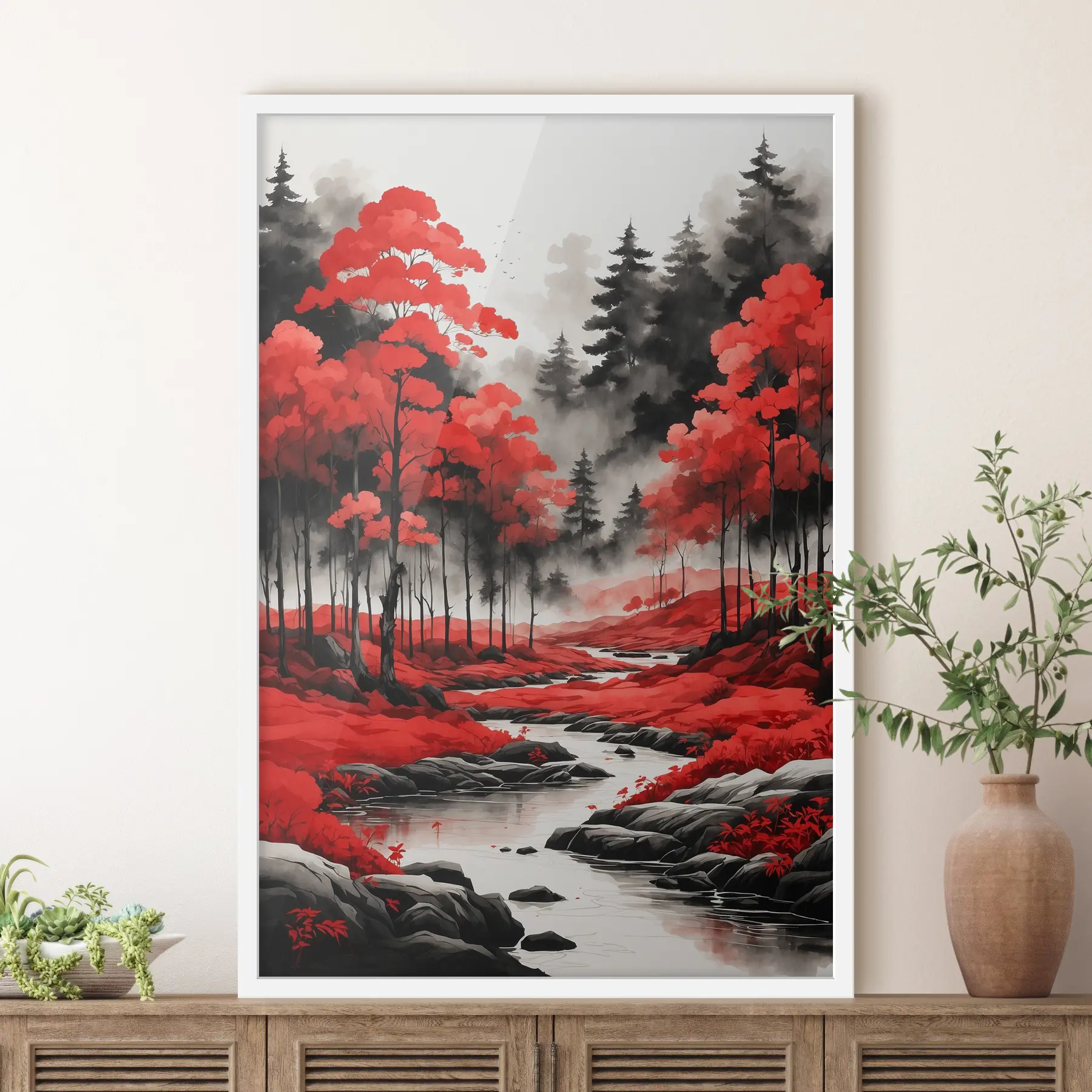 Tableau Forêt noire et rouge à l'aquarelle f37122