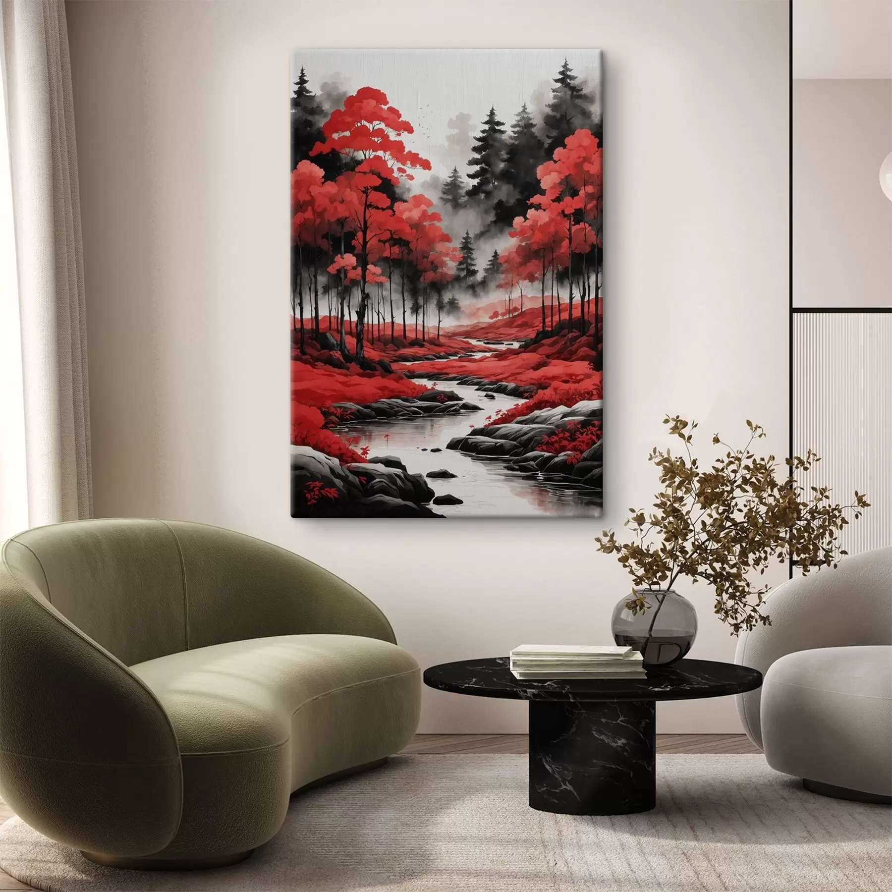 Papier peint Forêt noire et rouge à l'aquarelle s37122