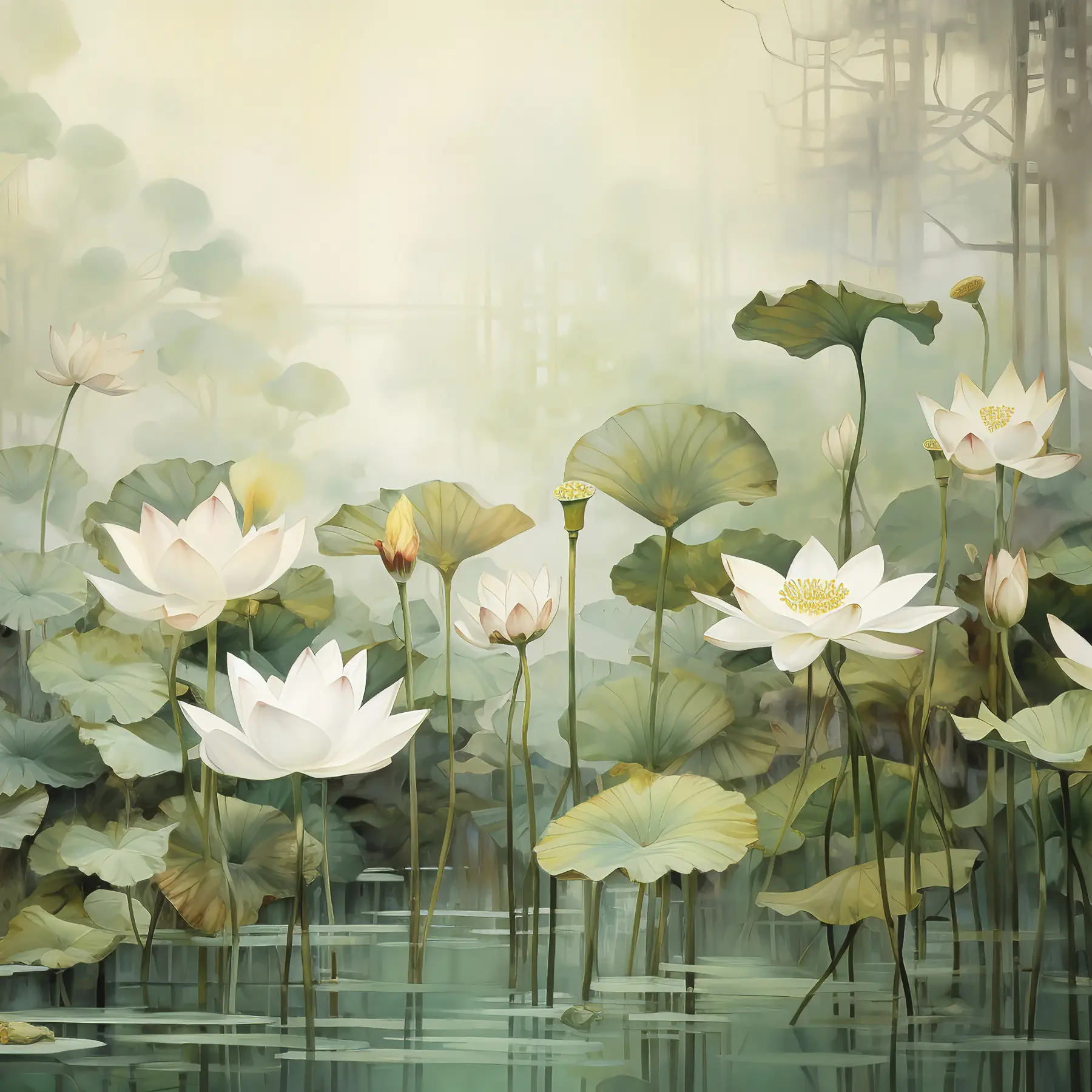 Papier peint Fleurs de lotus dans le lac, jungle, art tropical, verdure u99454d1
