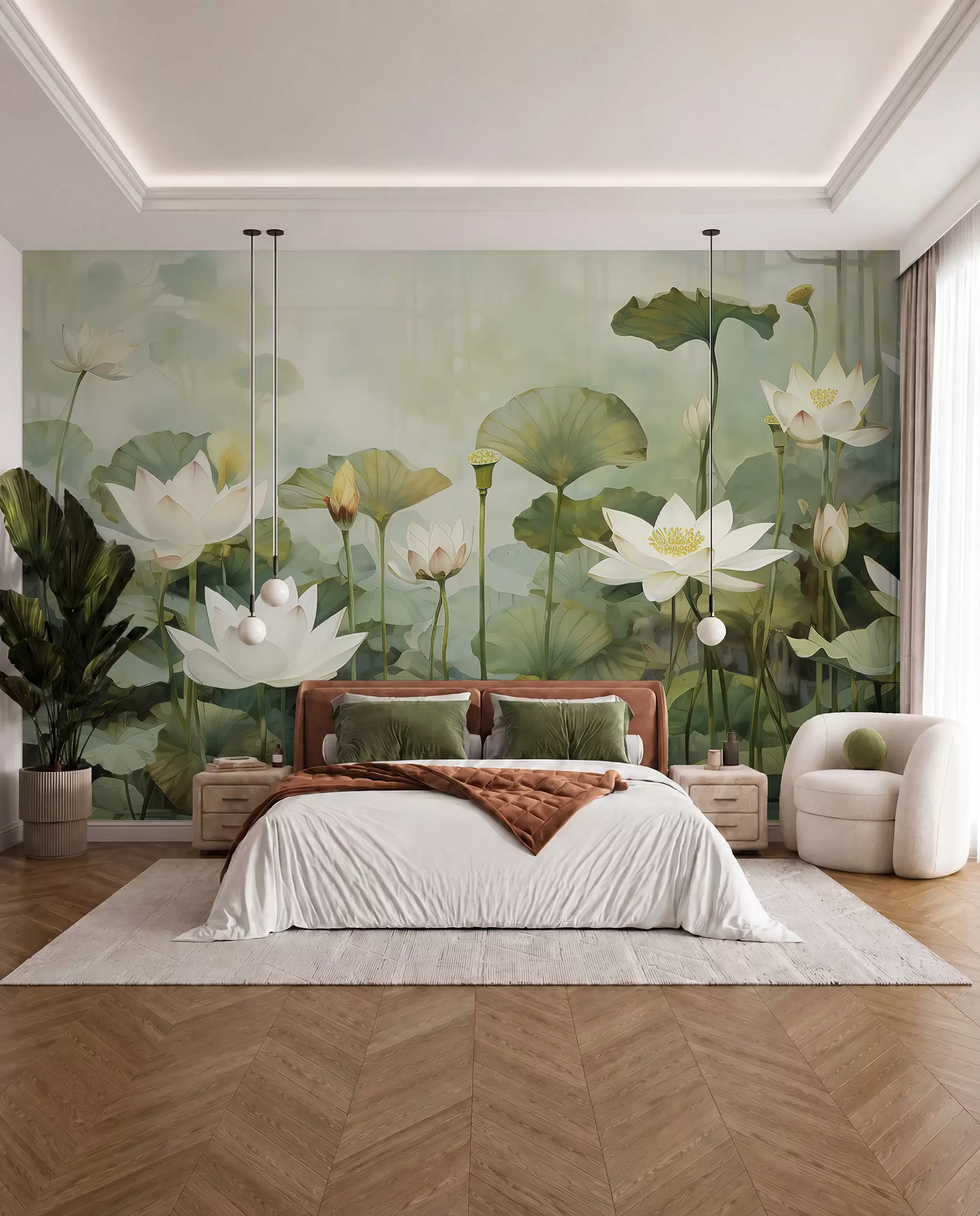 Papier peint Fleurs de lotus dans le lac, jungle, art tropical, verdure u99454d1