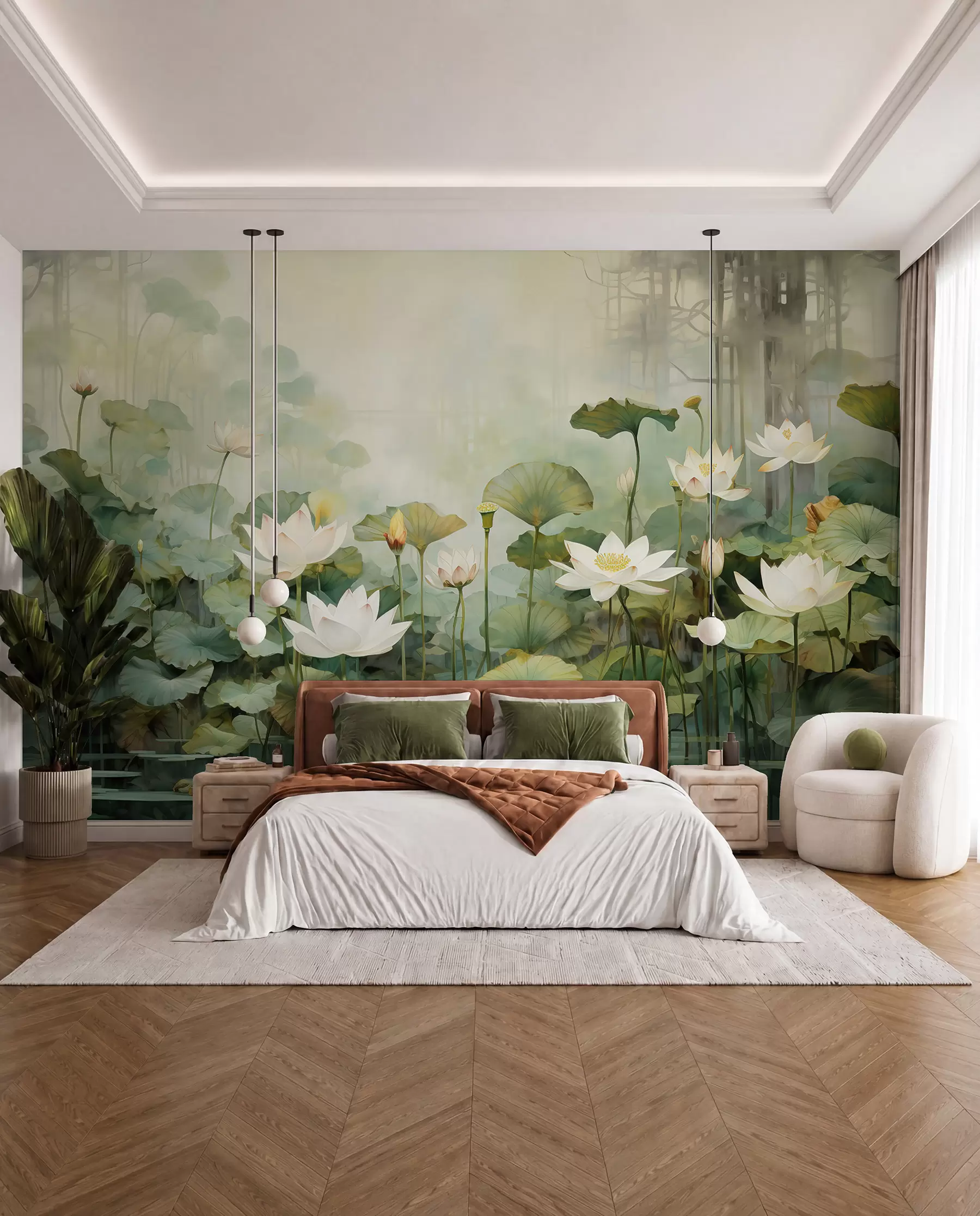 Papier peint Fleurs de lotus dans le lac, jungle, art tropical, verdure u99454