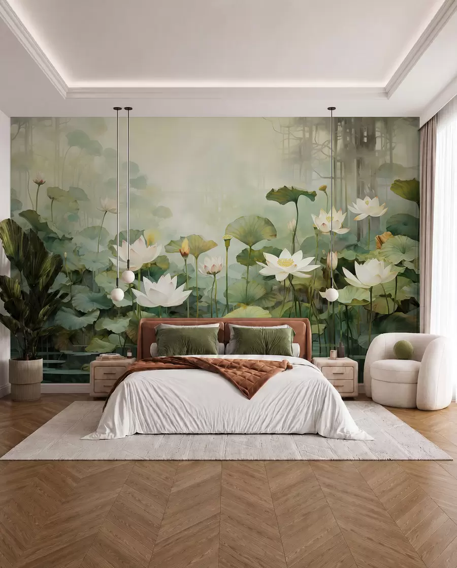Papier peint Fleurs de lotus dans le lac, jungle, art tropical, verdure u99454