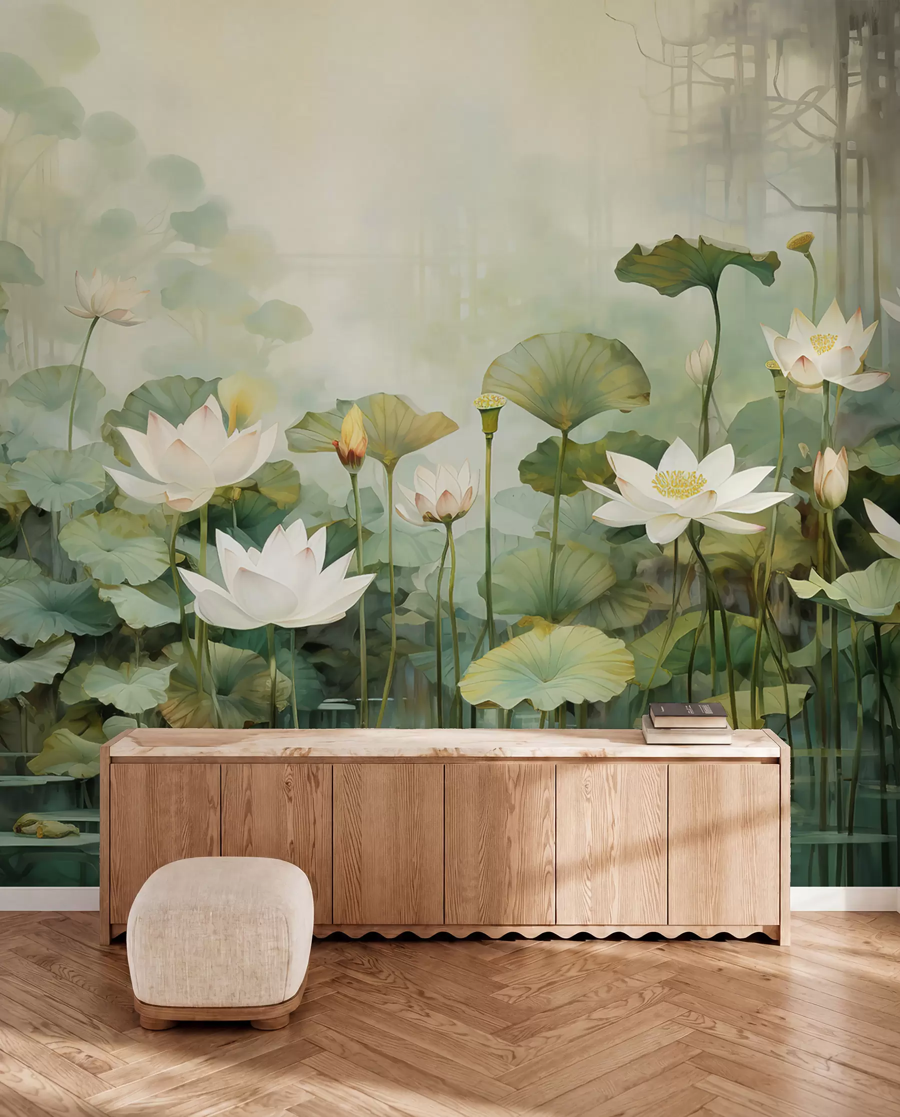 Papier peint Fleurs de lotus dans le lac, jungle, art tropical, verdure u99454