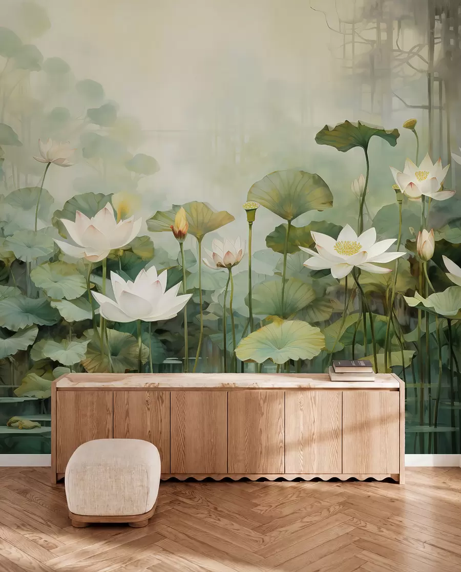 Papier peint Fleurs de lotus dans le lac, jungle, art tropical, verdure u99454