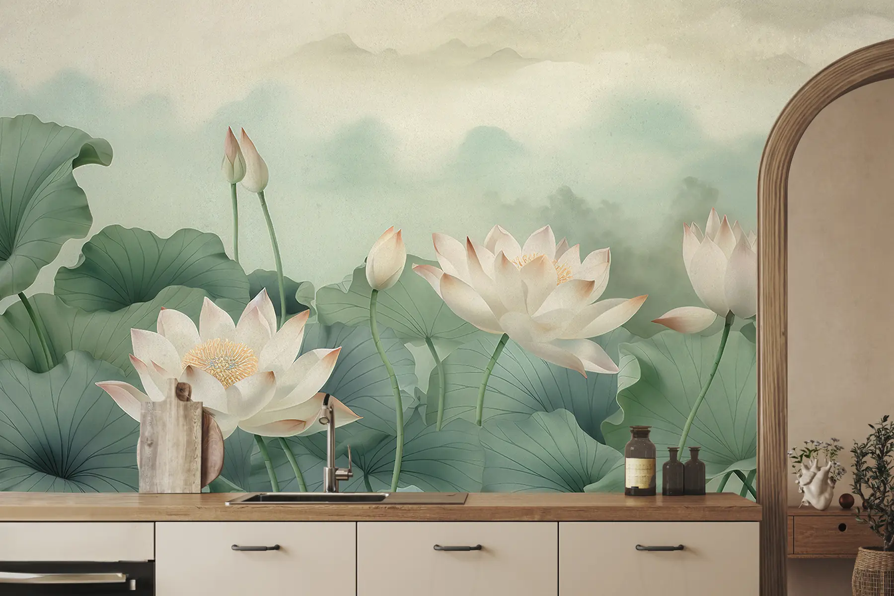 Papier peint Fleurs de lotus dans le lac, brume, art tropical, verdure u99455