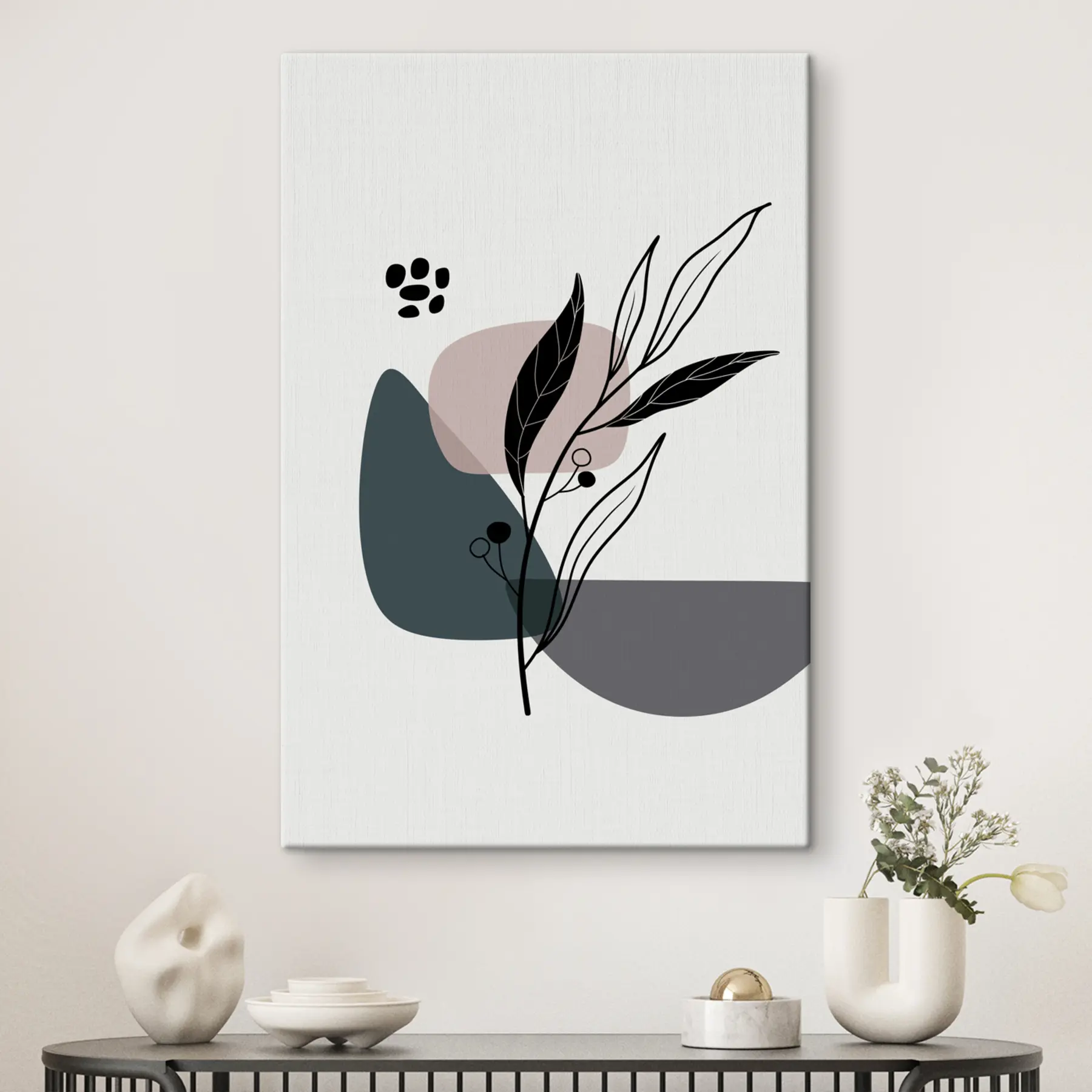 Tableau Fards à joues et plante à feuilles noires et transparentes s37273