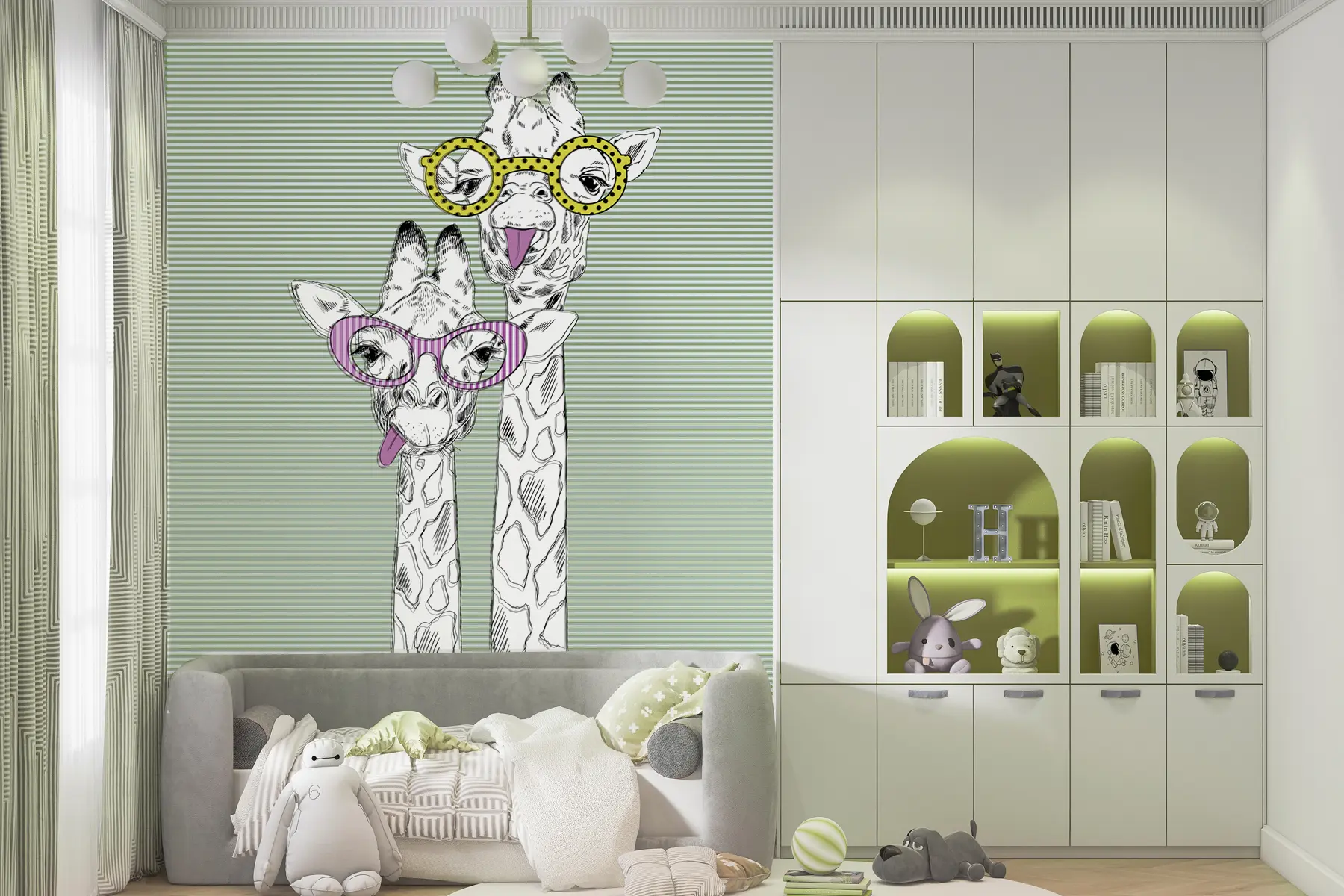 Papier peint Illustration de girafes portant des lunettes funky à rayures vertes u99418v1