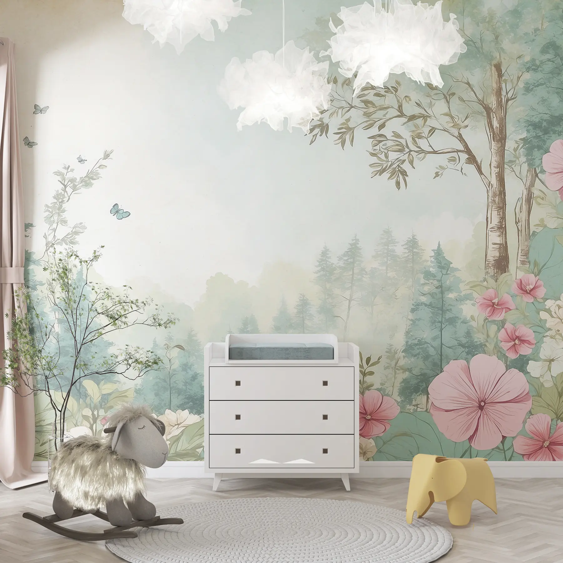 Papier peint Forêt magique avec des fleurs et des pins, conte de fées, rêve u99567